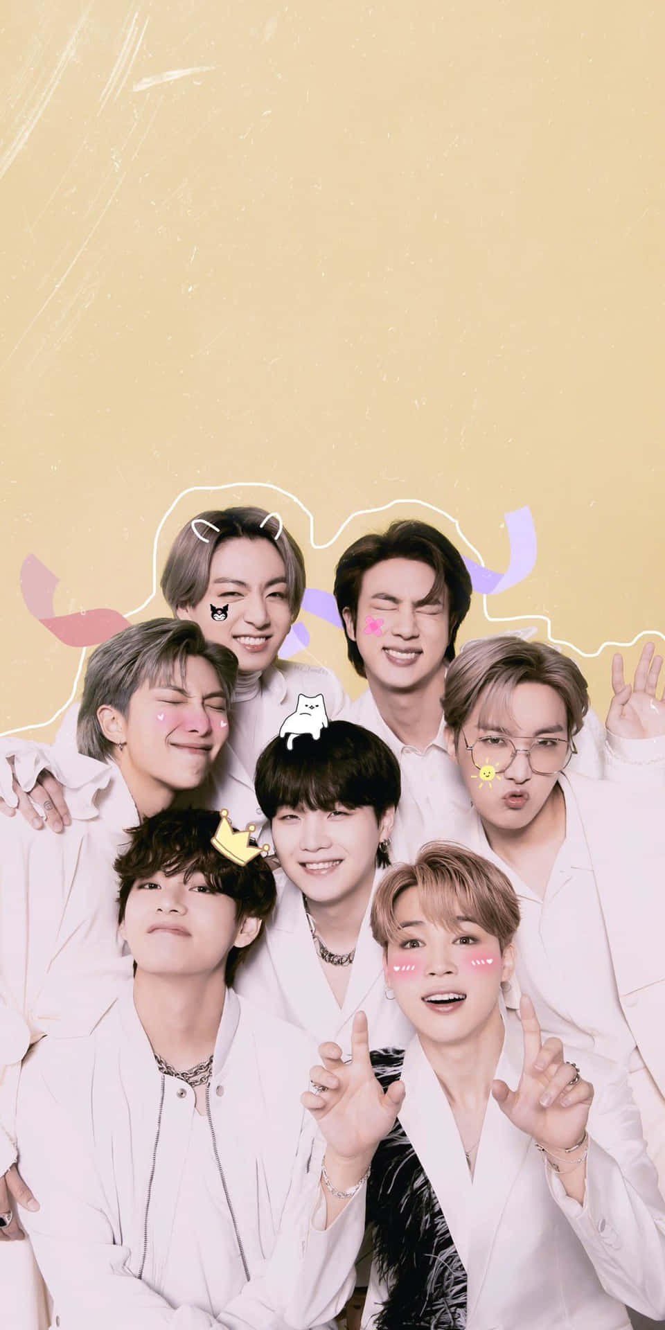 七位年輕男子身穿白色服裝，擺出俏皮的表情和卡通貼紙。 — Bts 壁紙