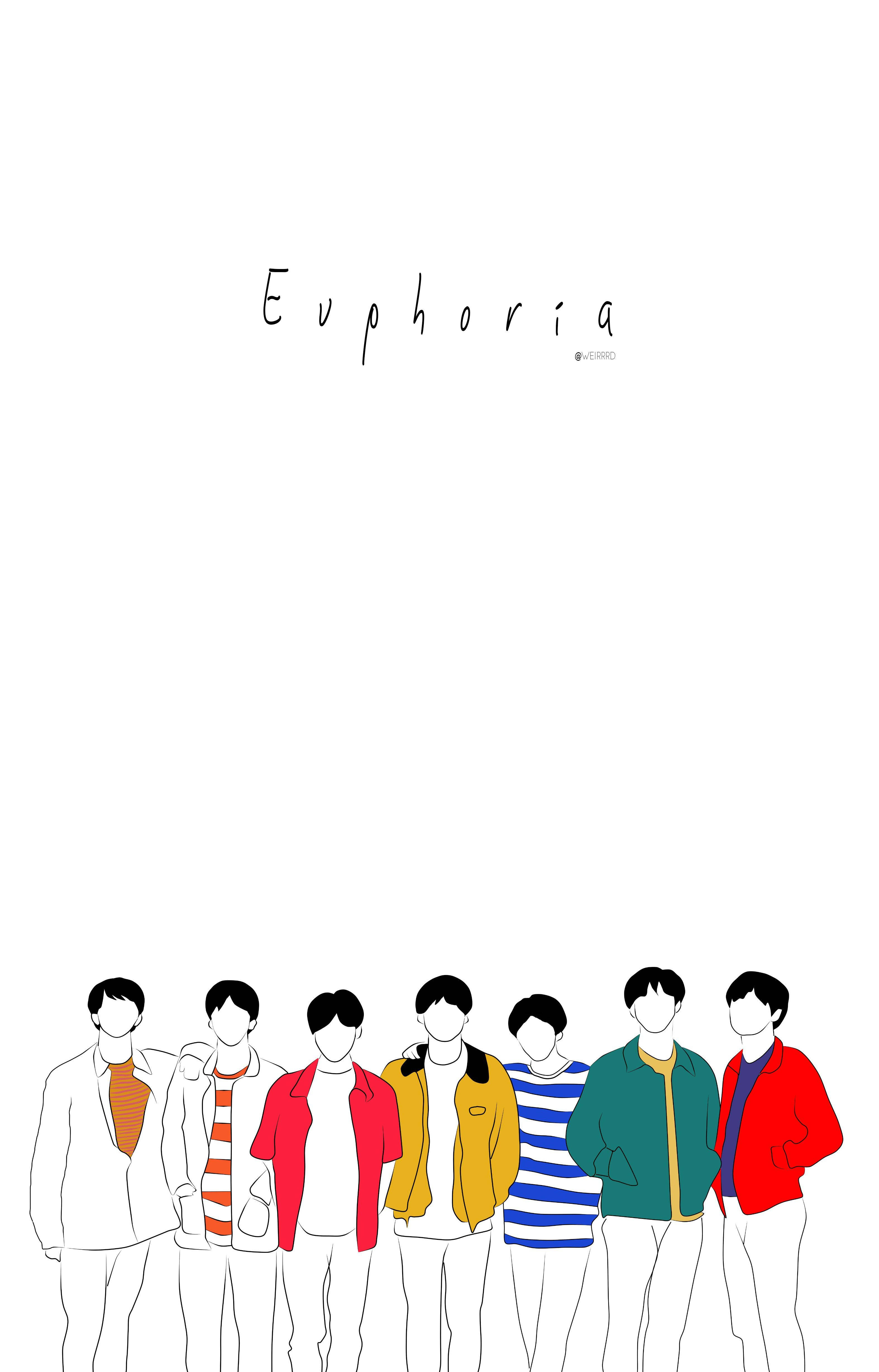 七個插圖人物穿著彩色夾克站在Euphoria一字下方。 — Bts 壁紙