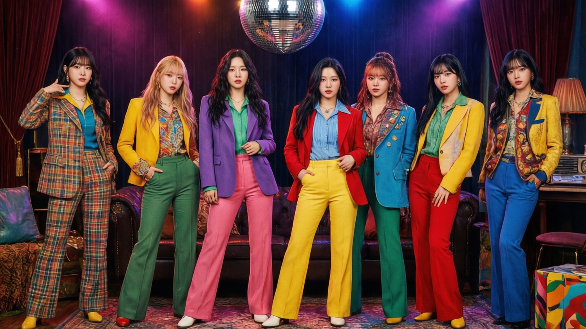 Disco Funky Suits 壁紙 — 七位身穿大膽彩色西裝的女性在復古夜總會環境中，在迪斯科球下自信地擺姿勢。
