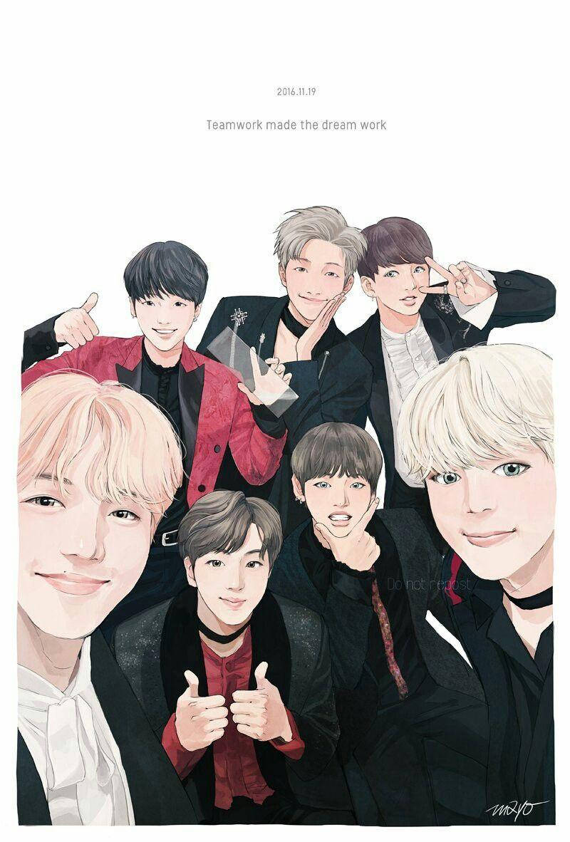 七位微笑的年輕男性身穿時尚服裝在插圖肖像中一起擺姿勢。 — Bts 壁紙