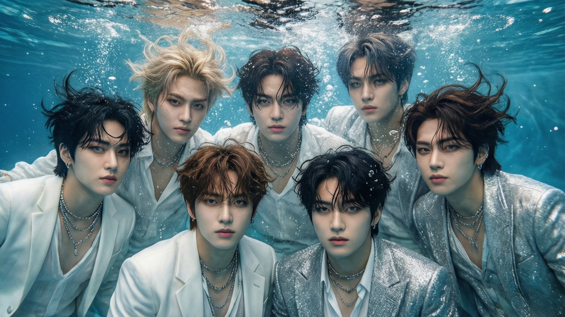 Underwater Ethereal 壁紙 — 七位身穿白色和銀色服裝的年輕男子在水下凝視，頭髮飄動，氣泡在他們周圍升起。