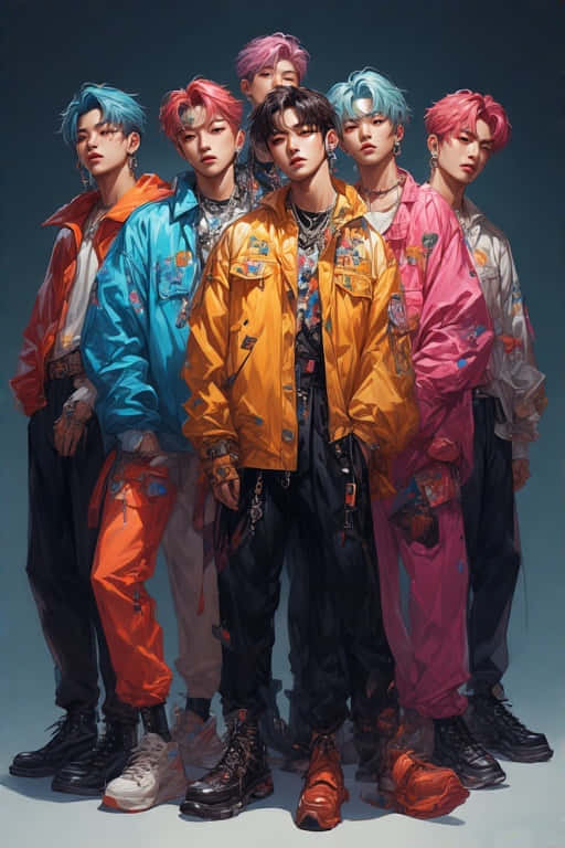 七名年輕男子擁有彩色頭髮和街頭風格服裝，在攝影棚中擺姿勢 — Bts 壁紙