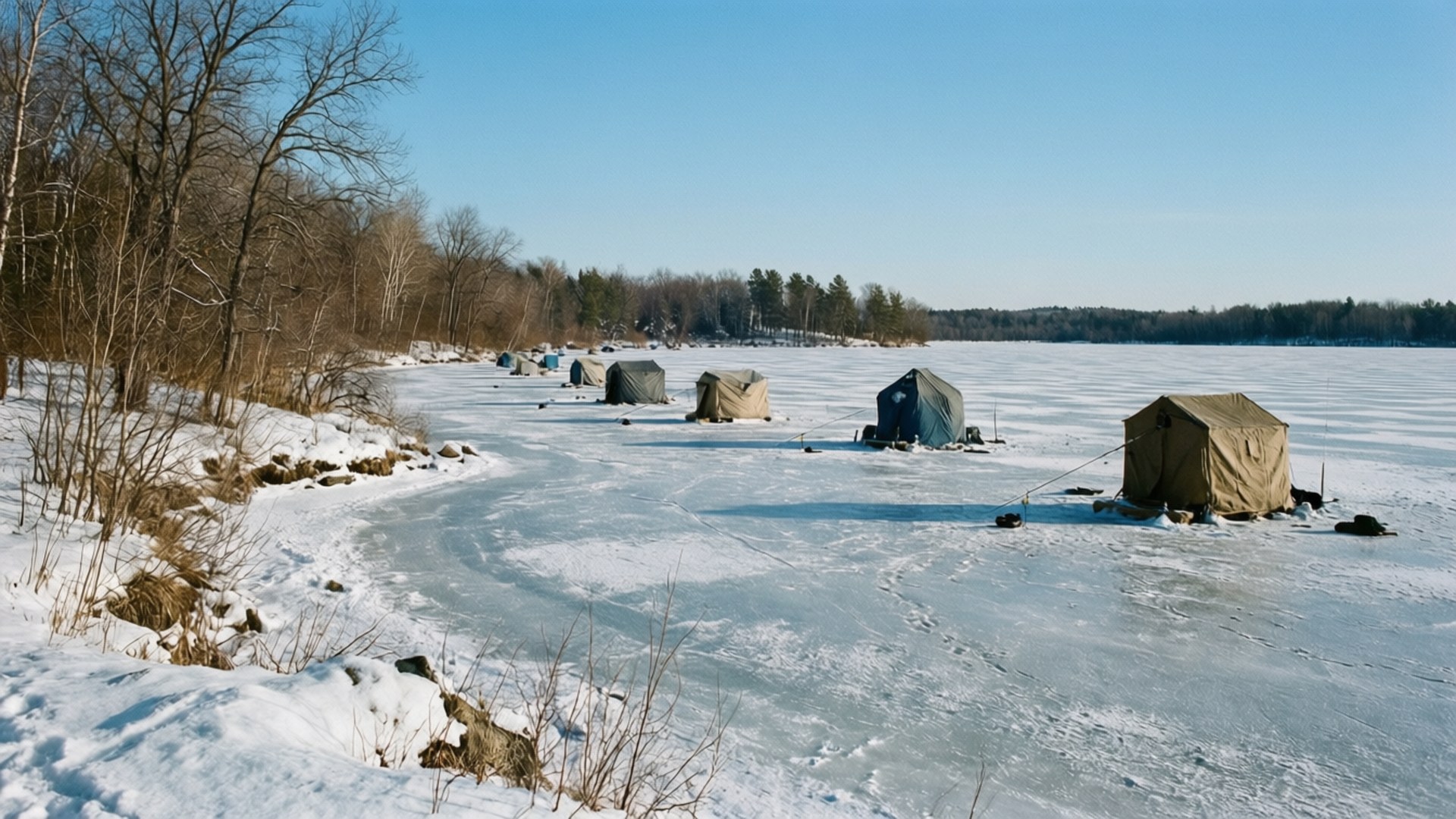 Frozen Lake Ice Fishing 壁紙 — 幾間冰釣小屋點綴在廣闊的冰凍湖面上，天空清澈湛藍，湖岸白雪覆蓋，光禿的樹木排列在岸邊。