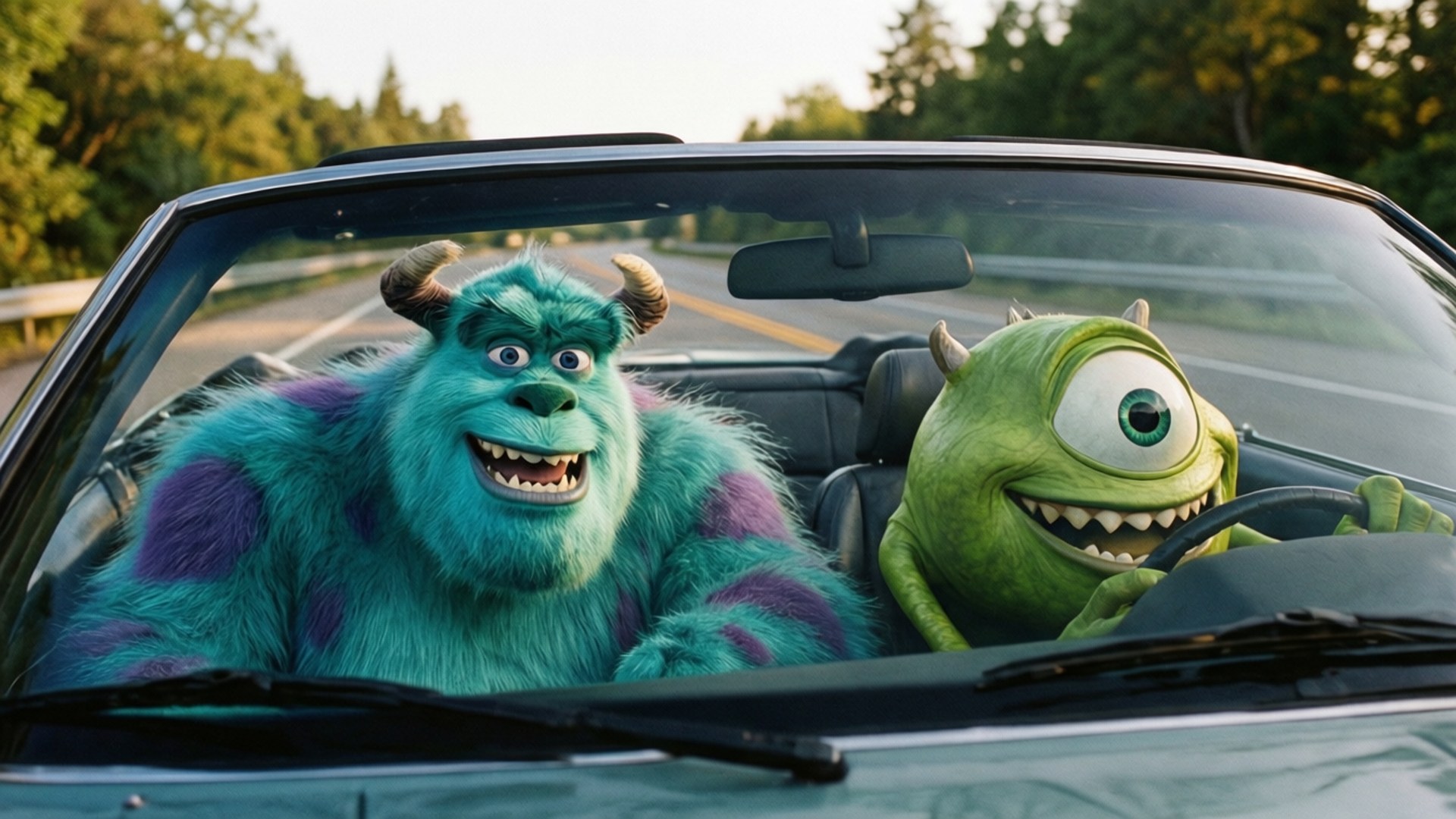 Road Trip Duo 壁紙 — 沙利和米奇華素斯基開心地在陽光普照的林蔭大道上駕駛敞篷車。