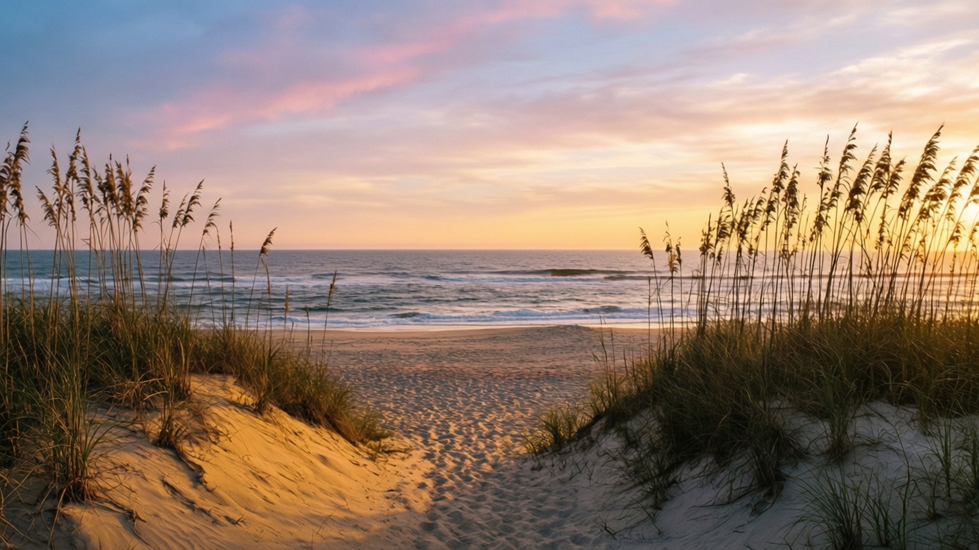 Outer Banks Sunset 壁紙 — 一條沙質小徑穿過沙丘，兩旁長滿高高的草，通往日落時分的海灘，天空呈現粉紅、橙和藍色。