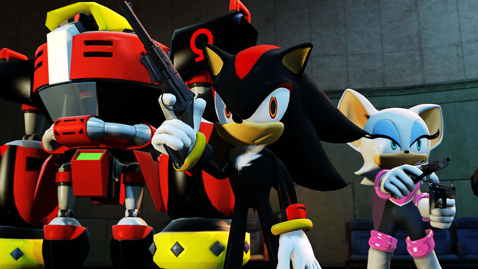 Rouge The Bat 桌布 壁紙 — Shadow the Hedgehog 和 Rouge the Bat 在一個粗糙的工業環境中，在一個紅色機器人旁邊瞄準手槍。