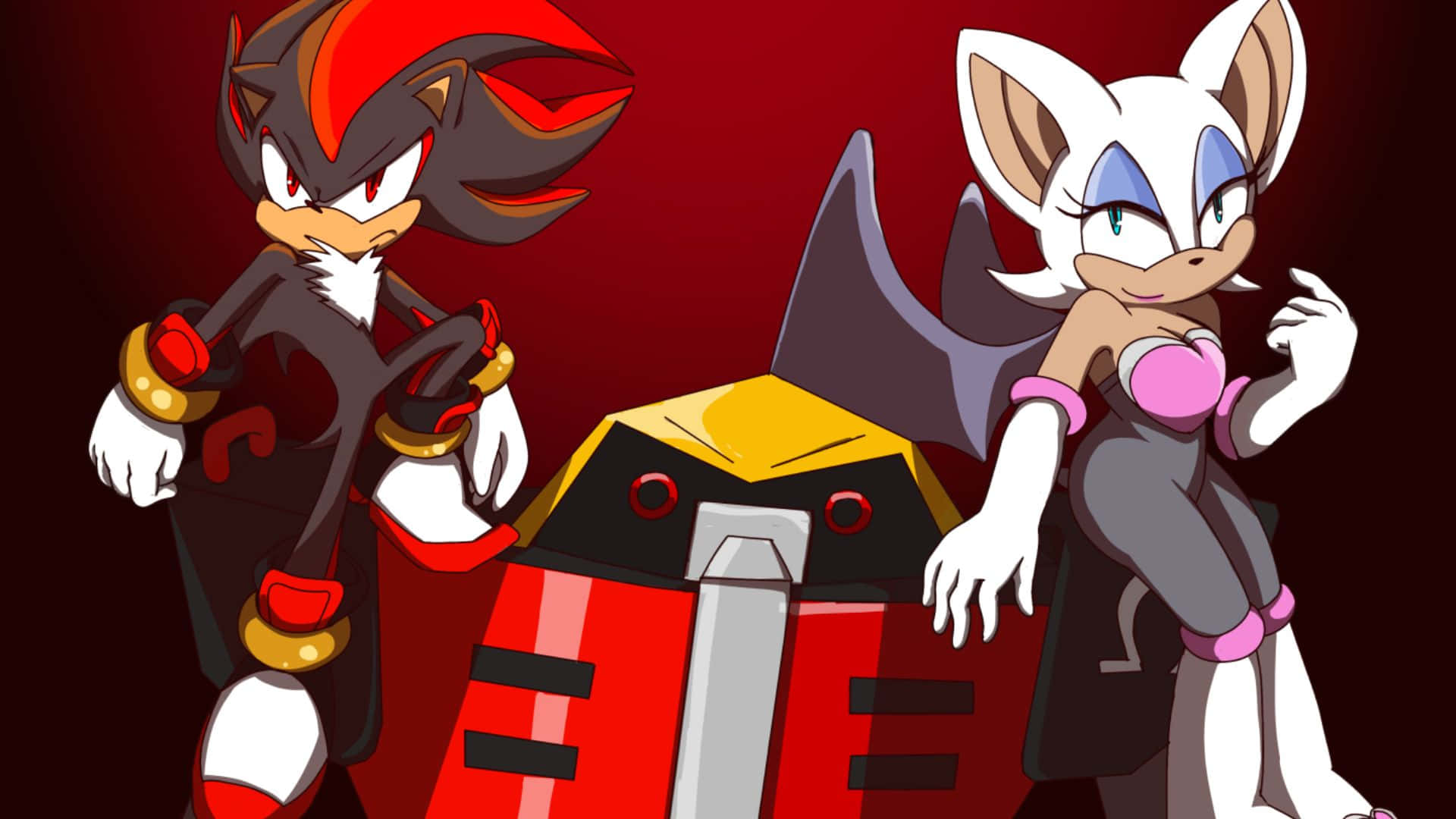 Rouge The Bat 桌布 壁紙 — Shadow the Hedgehog 和 Rouge the Bat 自信地站在一個紅色和金色的機器人旁邊，背景是深紅色。