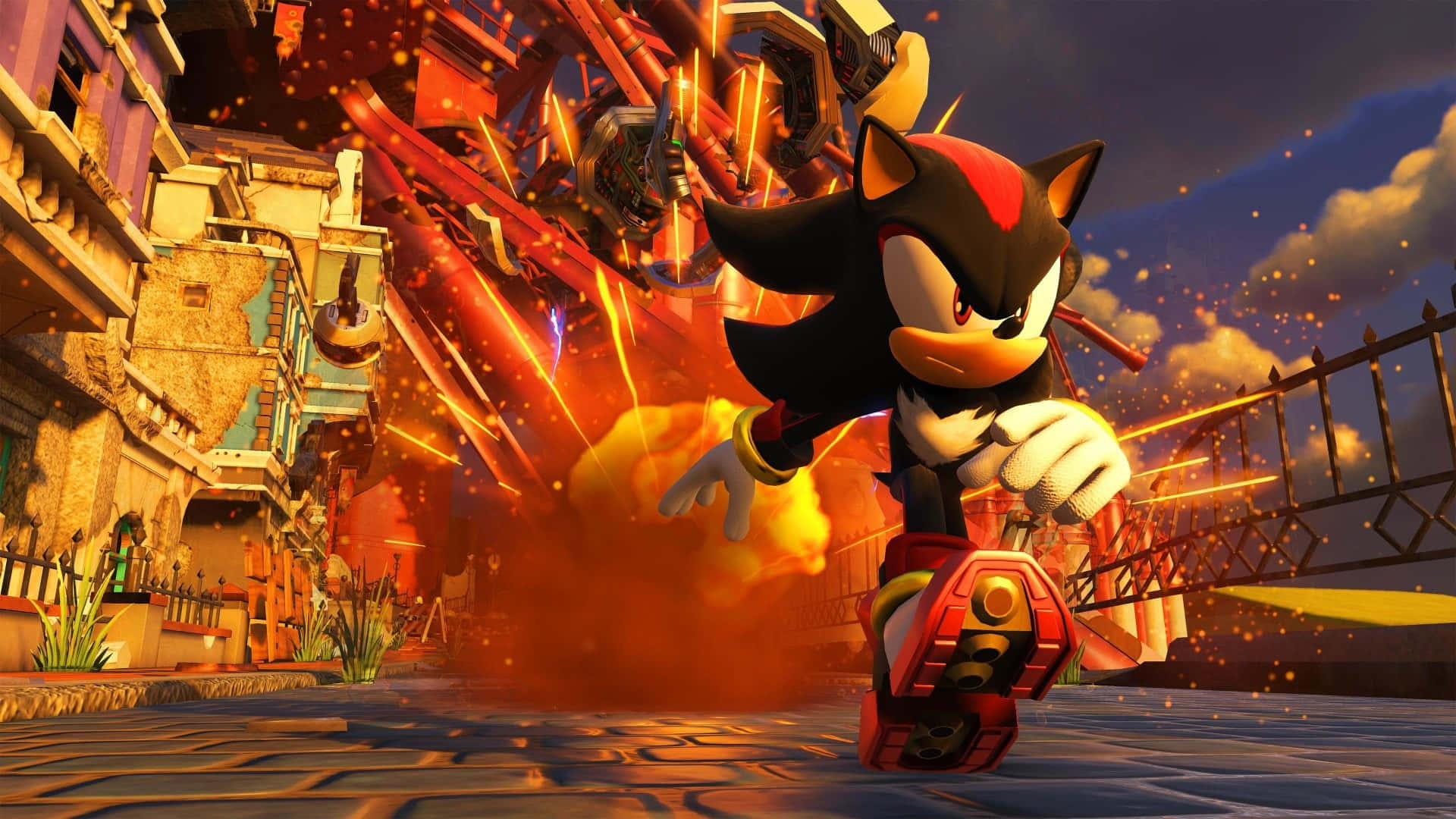 Sonic City Escape 桌布 壁紙 — Shadow the Hedgehog 在一個火海的城市後巷中疾馳，周圍有爆炸和碎片飛舞。