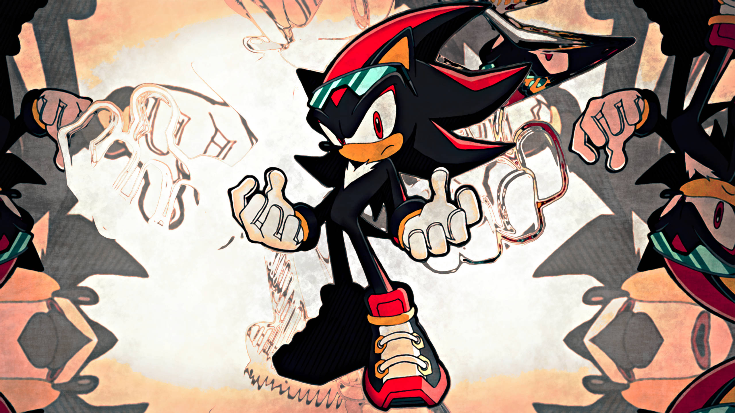Shadow The Hedgehog 桌布 壁紙 — Shadow the Hedgehog 動態地站立，拳頭緊握，背景是他自己形態的混亂草圖。
