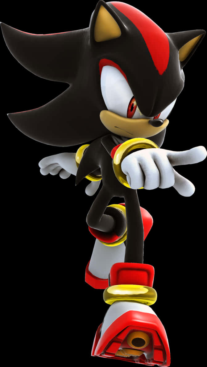 索尼克 桌布 壁紙 — Shadow the Hedgehog 以動感姿態站立在純黑背景前，他的紅色和金色點綴在明亮的攝影棚燈光下閃閃發光。