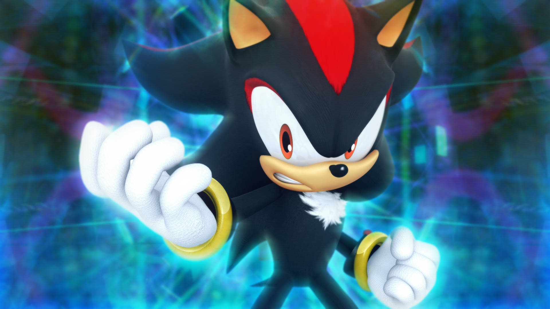 Shadow The Hedgehog 桌布 壁紙 — Shadow the Hedgehog 以動感姿勢站立，背景是發光的藍色和紫色能量。
