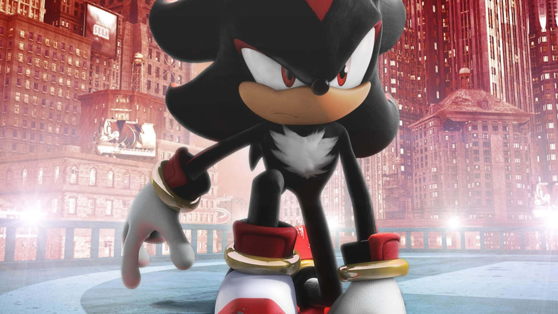 Sonic Adventure HD 桌布 壁紙 — Shadow the Hedgehog 自信地站在一個未來城市的天台上，背後是發光的摩天大樓，沐浴在溫暖的夕陽餘暉中。