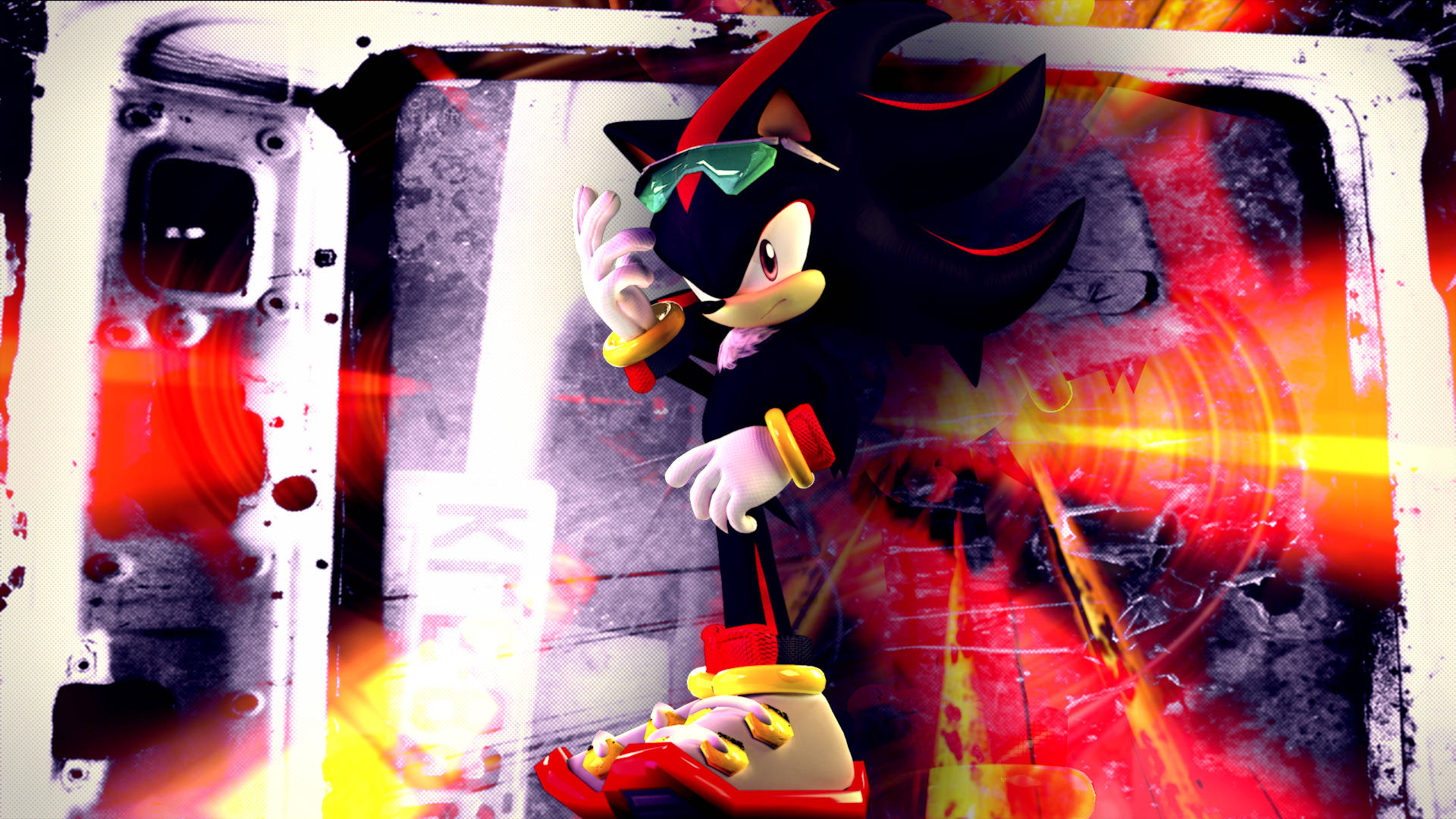 Shadow The Hedgehog 桌布 壁紙 — Shadow the Hedgehog 站在一個粗糙的城市環境中，身後有火紅和黃色的能量爆發。