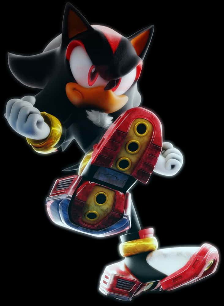 索尼克 桌布 壁紙 — Shadow the Hedgehog 以動感姿態展現，搭配發光紅色鞋子，背景為黑色。