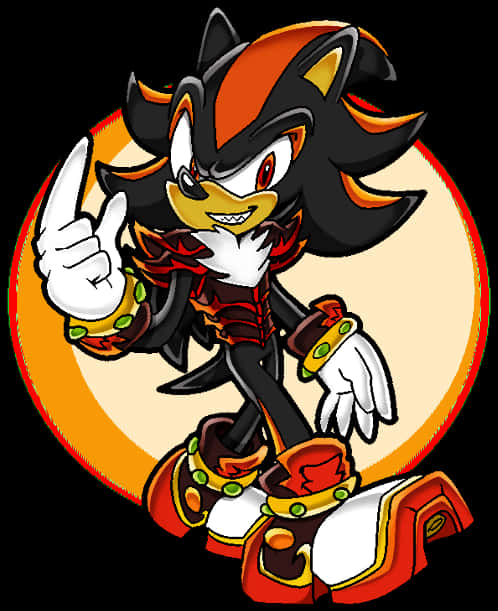 索尼克 桌布 壁紙 — Shadow the Hedgehog 身穿火紅與黑色裝備，在發光的橙色圓形背景前自信地豎起大拇指。
