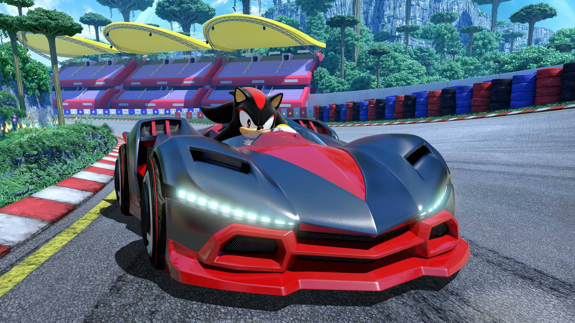 Shadow The Hedgehog 桌布 壁紙 — Shadow the Hedgehog 駕駛著一輛時尚的紅黑色跑車，在充滿活力的熱帶賽道上奔馳。