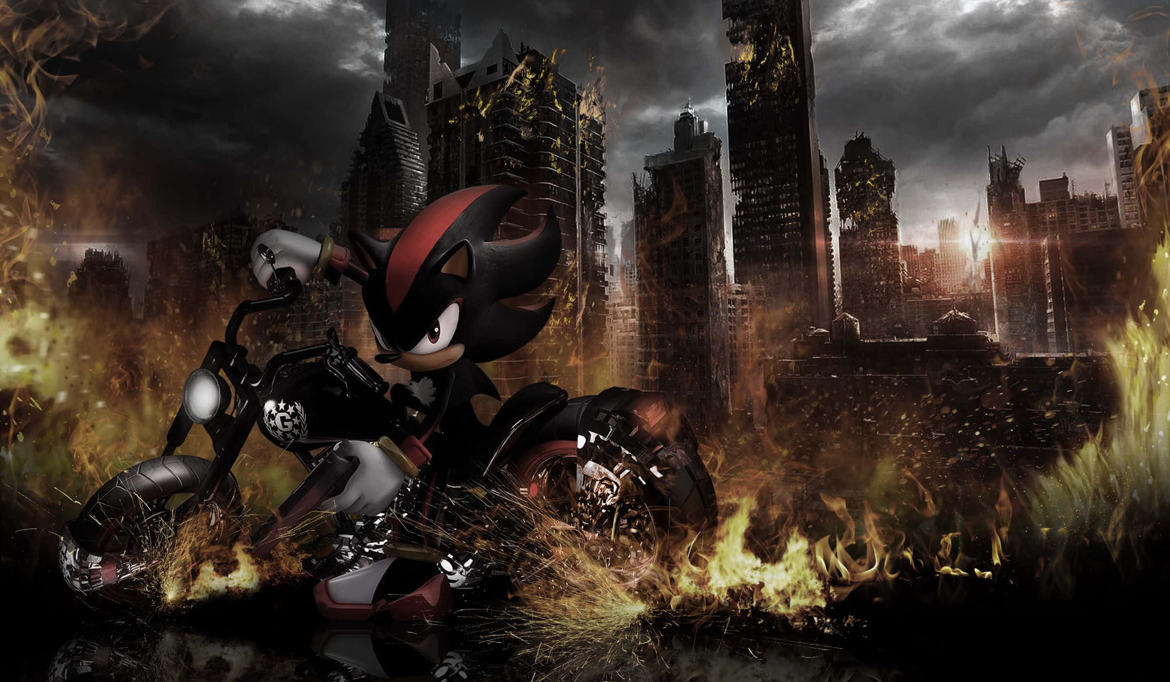 Sonic City Escape 桌布 壁紙 — Shadow the Hedgehog 騎著一輛燃燒的機車，在暴風雨的天空下穿越燃燒的城市景觀。