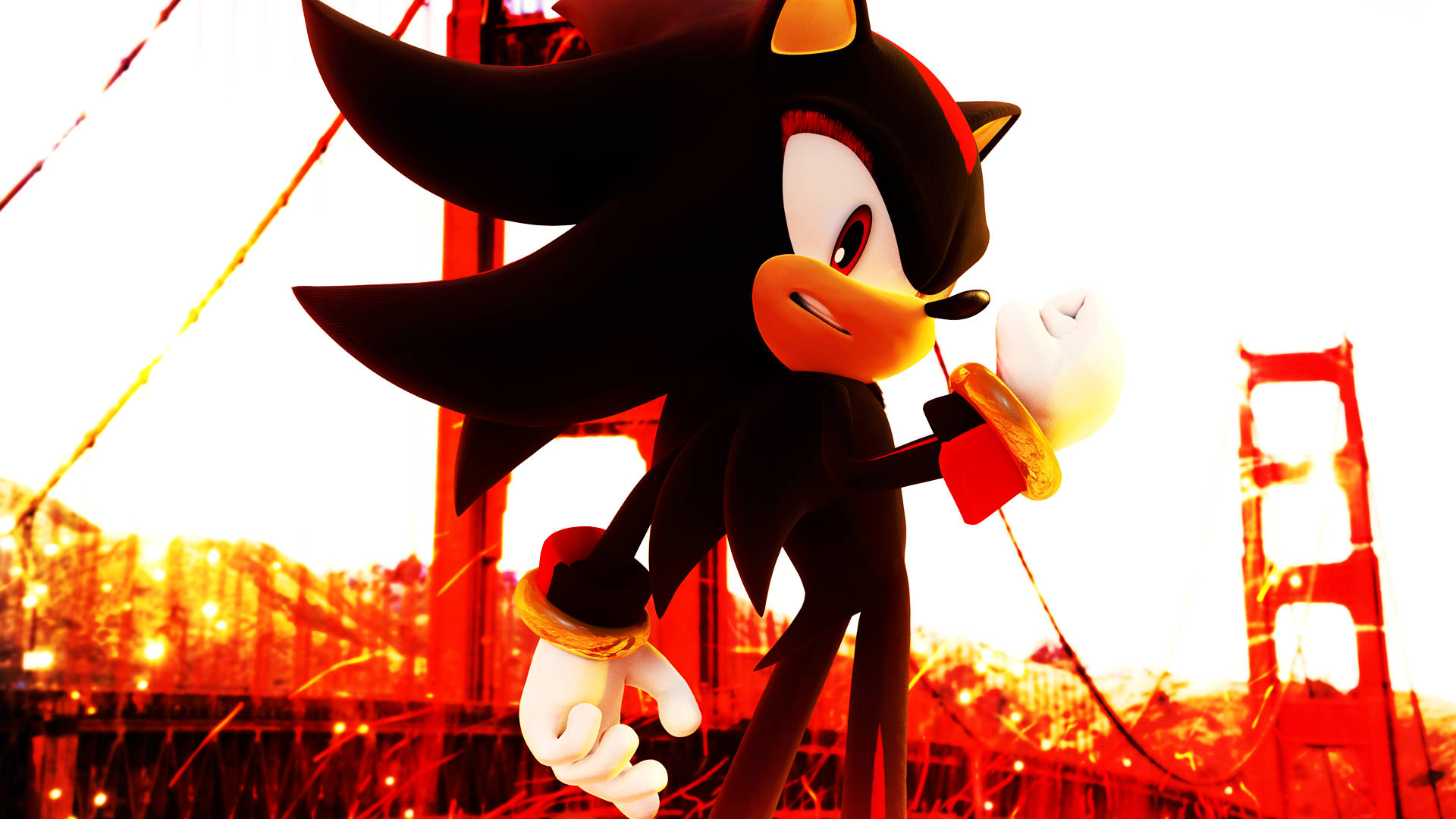 Shadow The Hedgehog 桌布 壁紙 — Shadow the Hedgehog 自信地站在以金門大橋為背景的熾熱日落前。