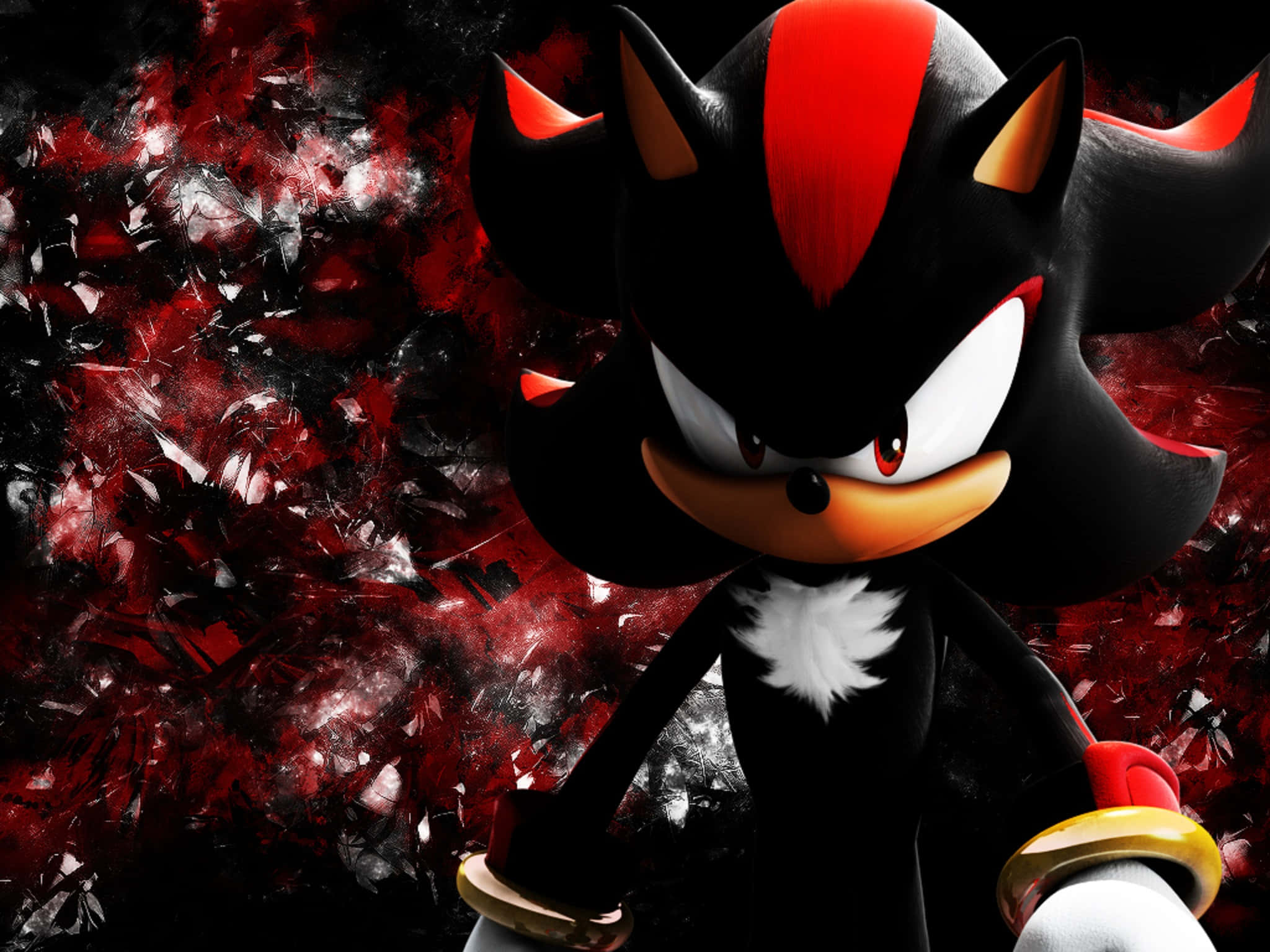 Sonic The Hedgehog Characters 桌布 壁紙 — Shadow the Hedgehog 站在破碎的紅色和黑色背景前，眼睛發光，氣勢洶洶。