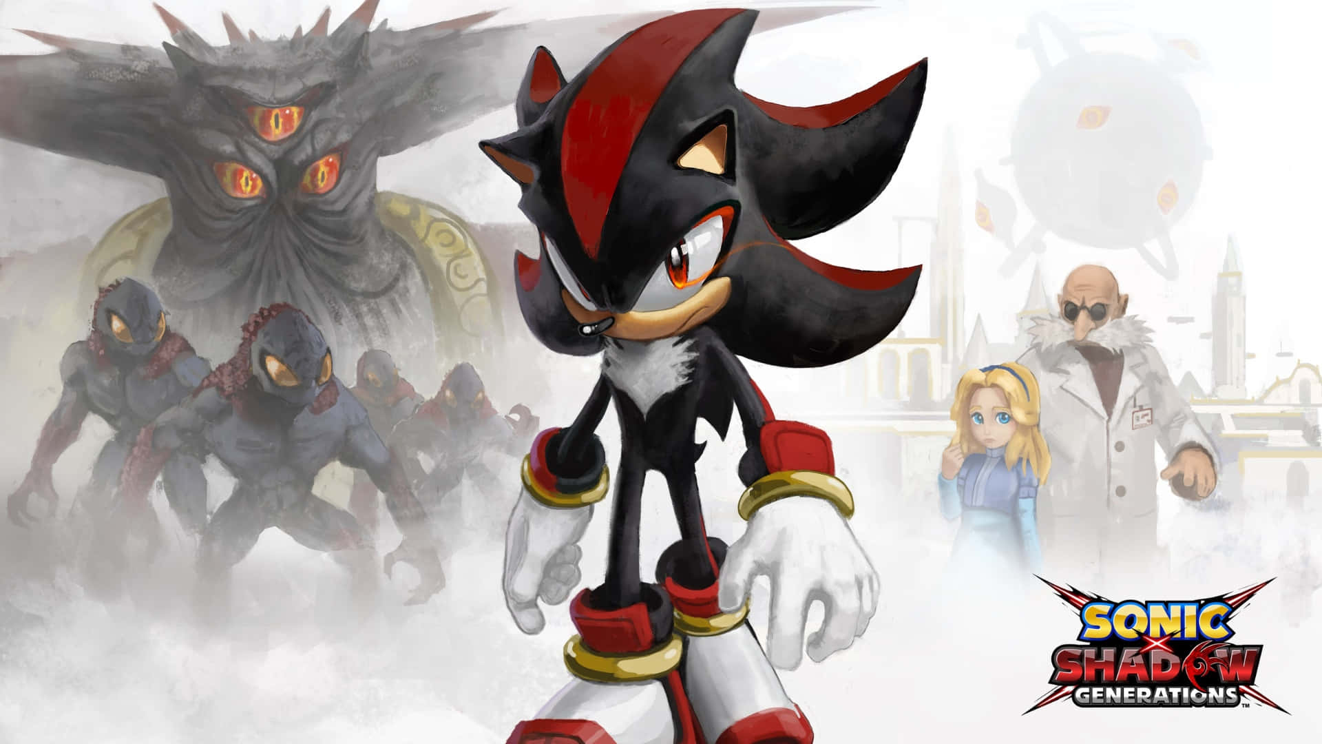  壁紙 — Shadow the Hedgehog 在迷霧籠罩的戰鬥場景中，挑釁地站立，背景有威脅性的敵人和一位科學家。