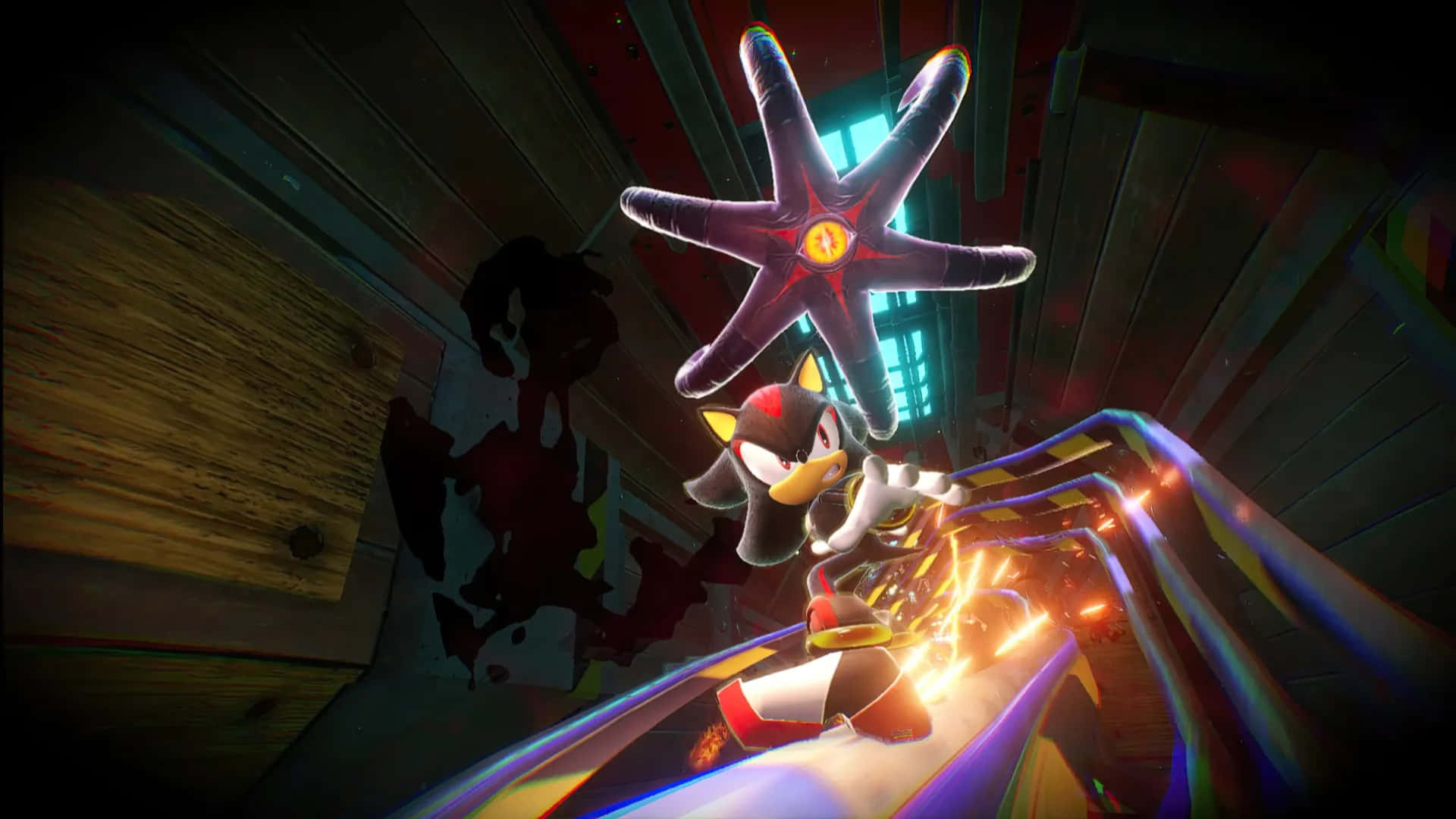 壁紙 — Shadow the Hedgehog 在霓虹燈隧道中高速追逐，手持發光星形武器。