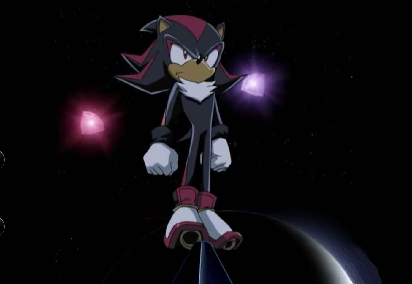 Shadow The Hedgehog 桌布 壁紙 — Shadow the Hedgehog 站在行星邊緣，背景是星空，附近漂浮著發光的粉紅色和紫色水晶。