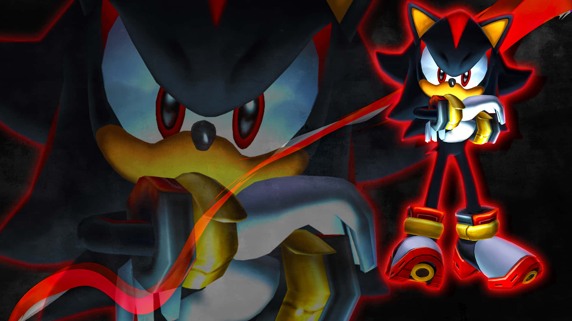 Sonic Adventure HD 桌布 壁紙 — Shadow the Hedgehog 站在一個黑暗、紅光照耀的場景中，帶有發光的能量條紋和威脅的表情。