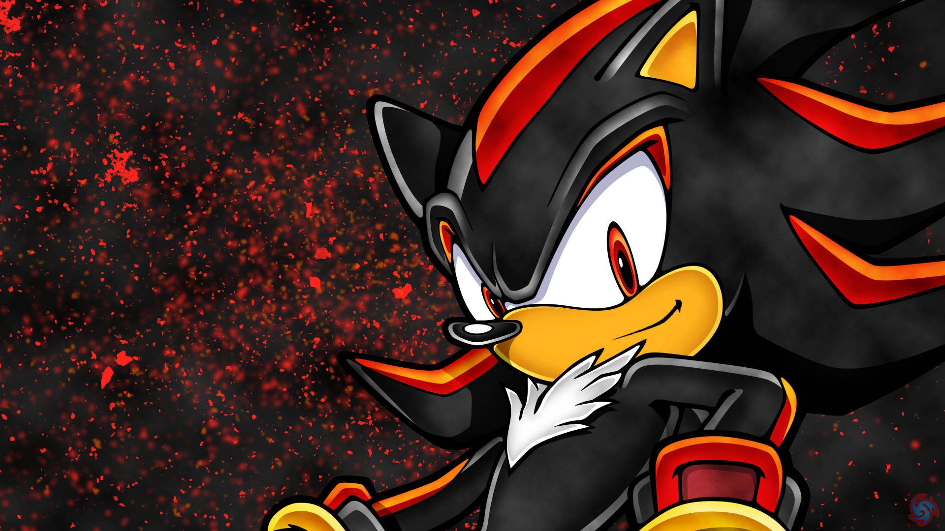 Shadow The Hedgehog 桌布 壁紙 — Shadow the Hedgehog 自信地站在黑暗背景前，周圍有紅色火花飛舞。