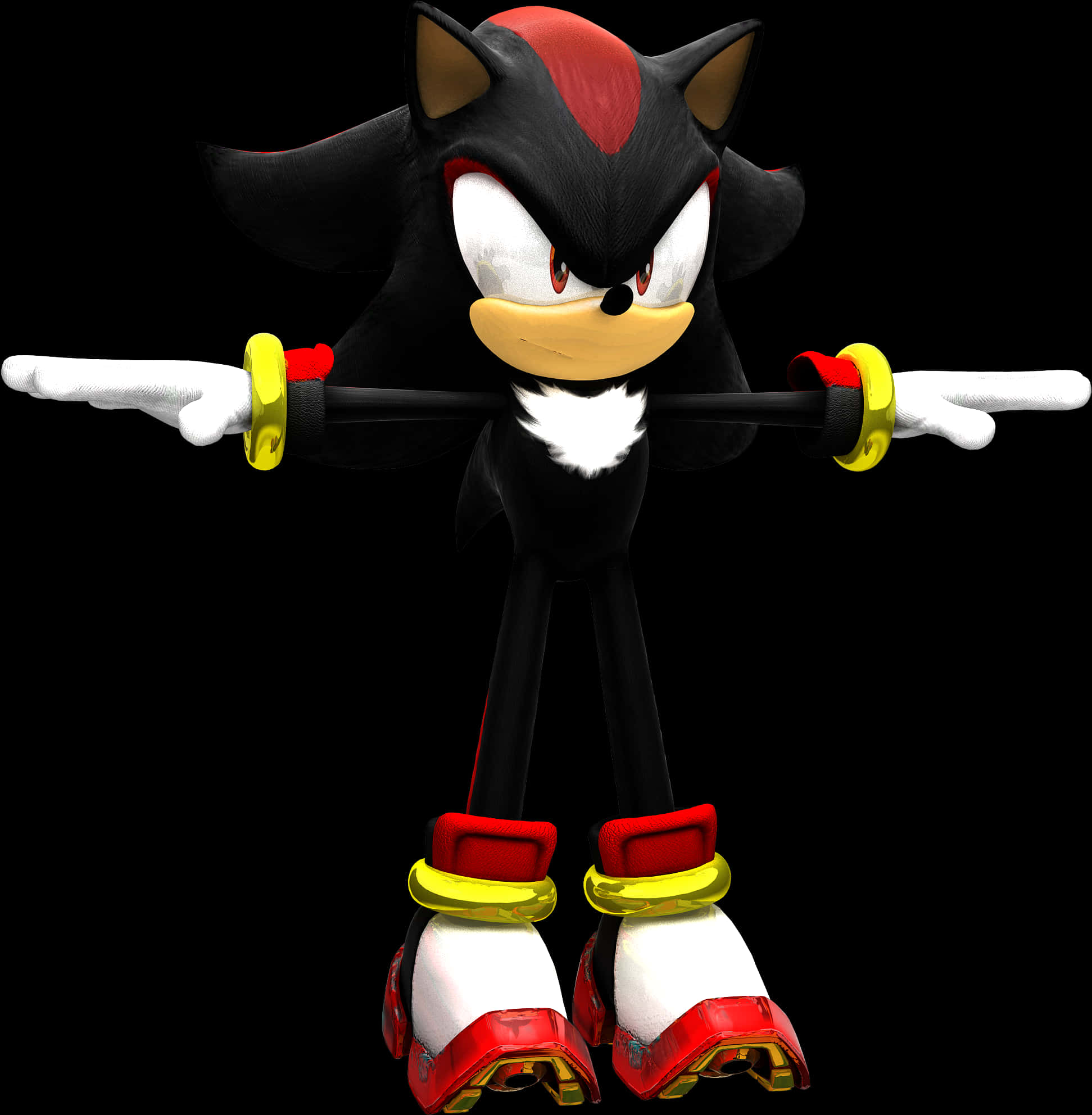 索尼克 桌布 壁紙 — Shadow the Hedgehog 自信地站在黑色背景前，雙臂張開，穿著紅、黃、白色的鞋子。