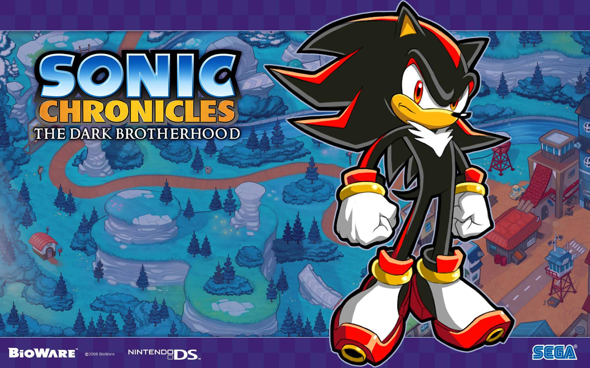 Shadow The Hedgehog 桌布 壁紙 — Shadow the Hedgehog 自信地站在一個充滿活力的卡通景觀中，有冰凍地形和未來主義建築，天空是棋盤格圖案。