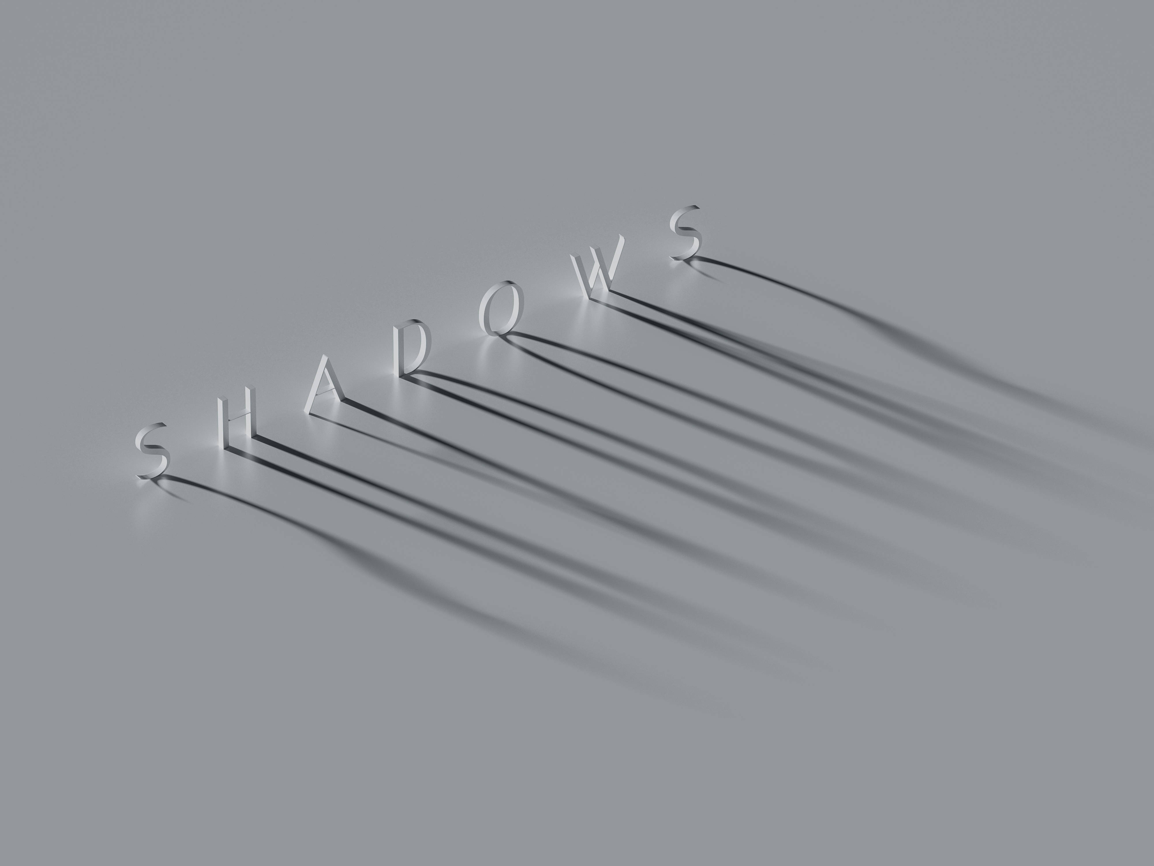 3D 4K 桌布 壁紙 — 「SHADOWS」這個詞以時尚的金屬字母拼寫，在極簡的灰色表面上投射出長長的戲劇性陰影。
