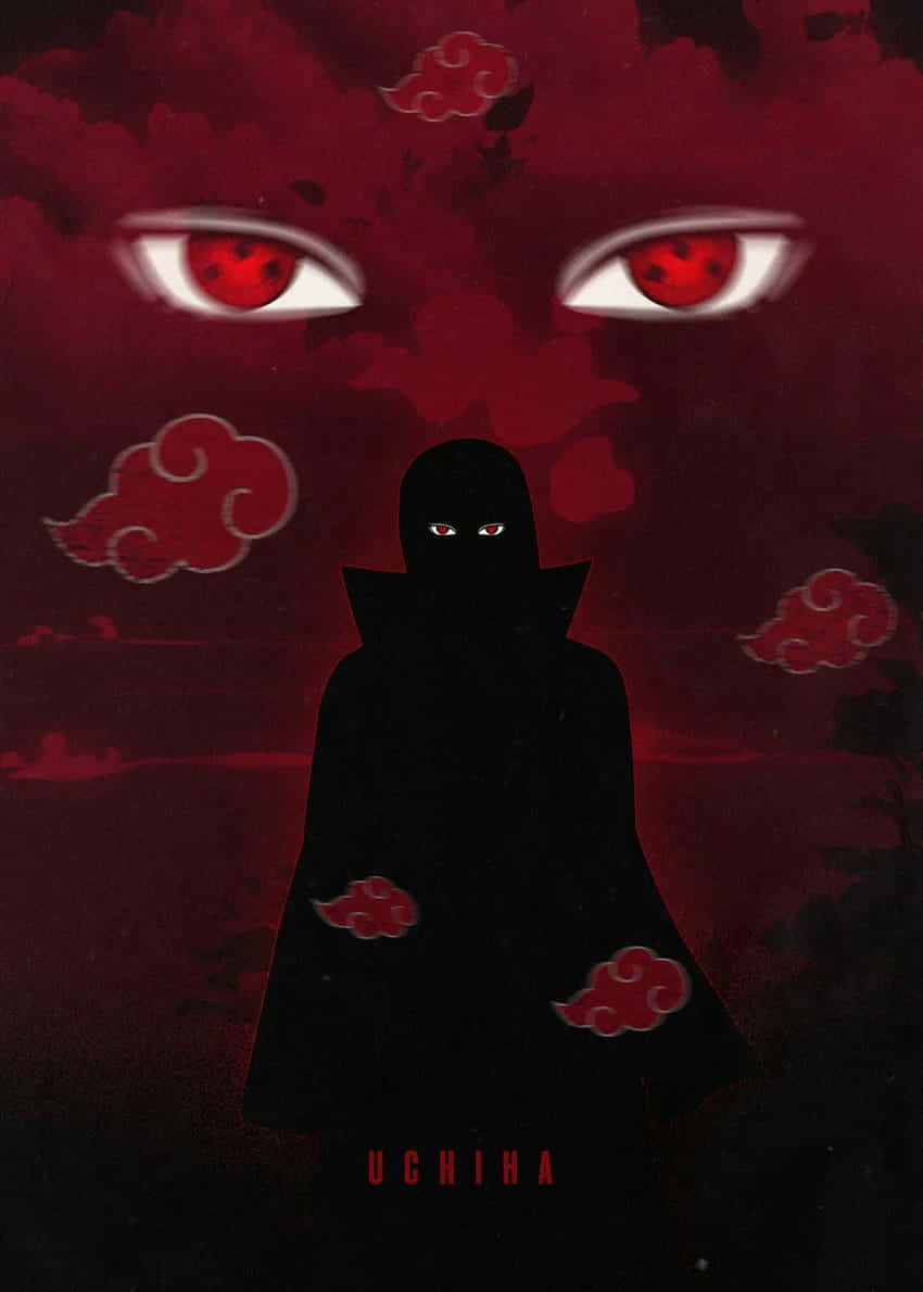  壁紙 — 一個身穿黑色斗篷、帶有紅色雲紋的神秘忍者，站在一個充滿威脅性的紅色天空前，天空中有巨大的發光眼睛。