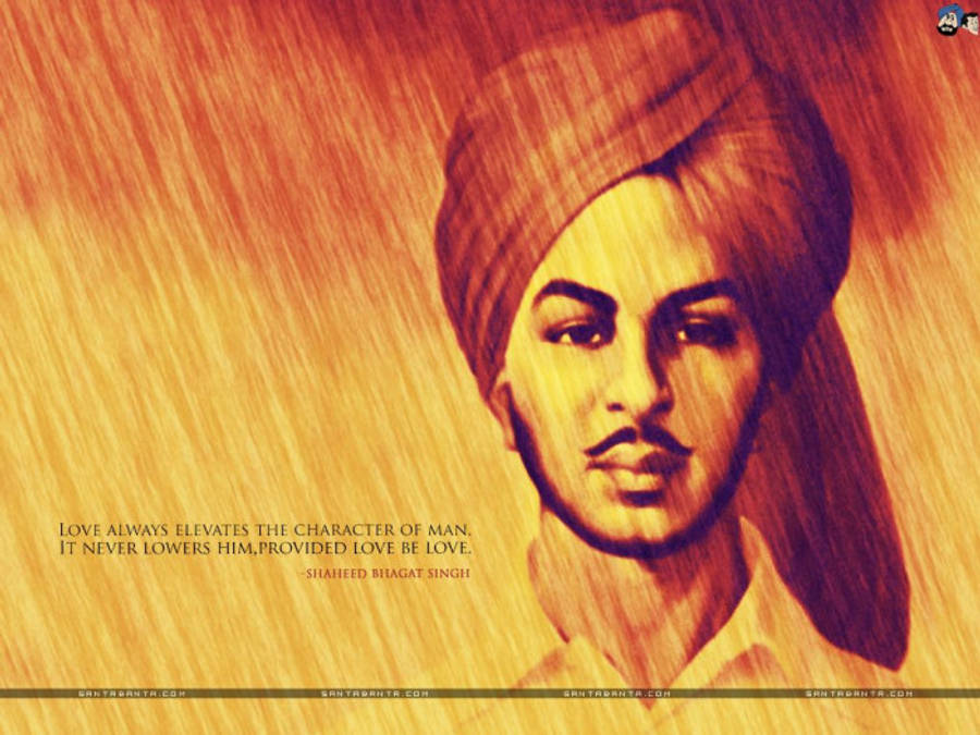 Shaheed Bhagat Singh 桌布 壁紙 — Shaheed Bhagat Singh 的風格化肖像，帶有溫暖的橙色和黃色紋理背景，並覆蓋一句引言。