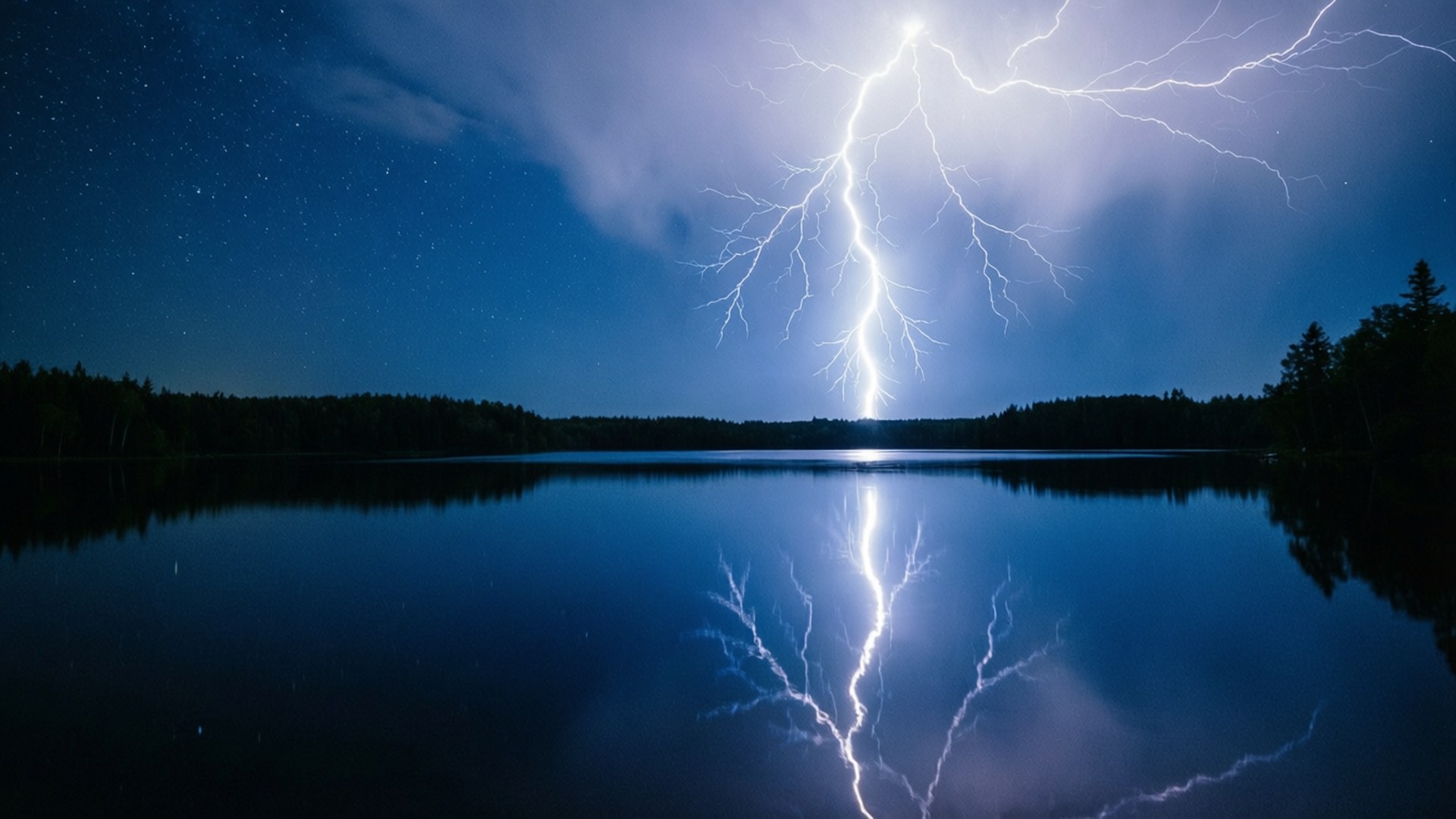 Lake Lightning Reflection 壁紙 — 一道明亮的閃電劃破繁星點點的夜空，映照在平靜的湖面上，反射出電光與周圍的森林。