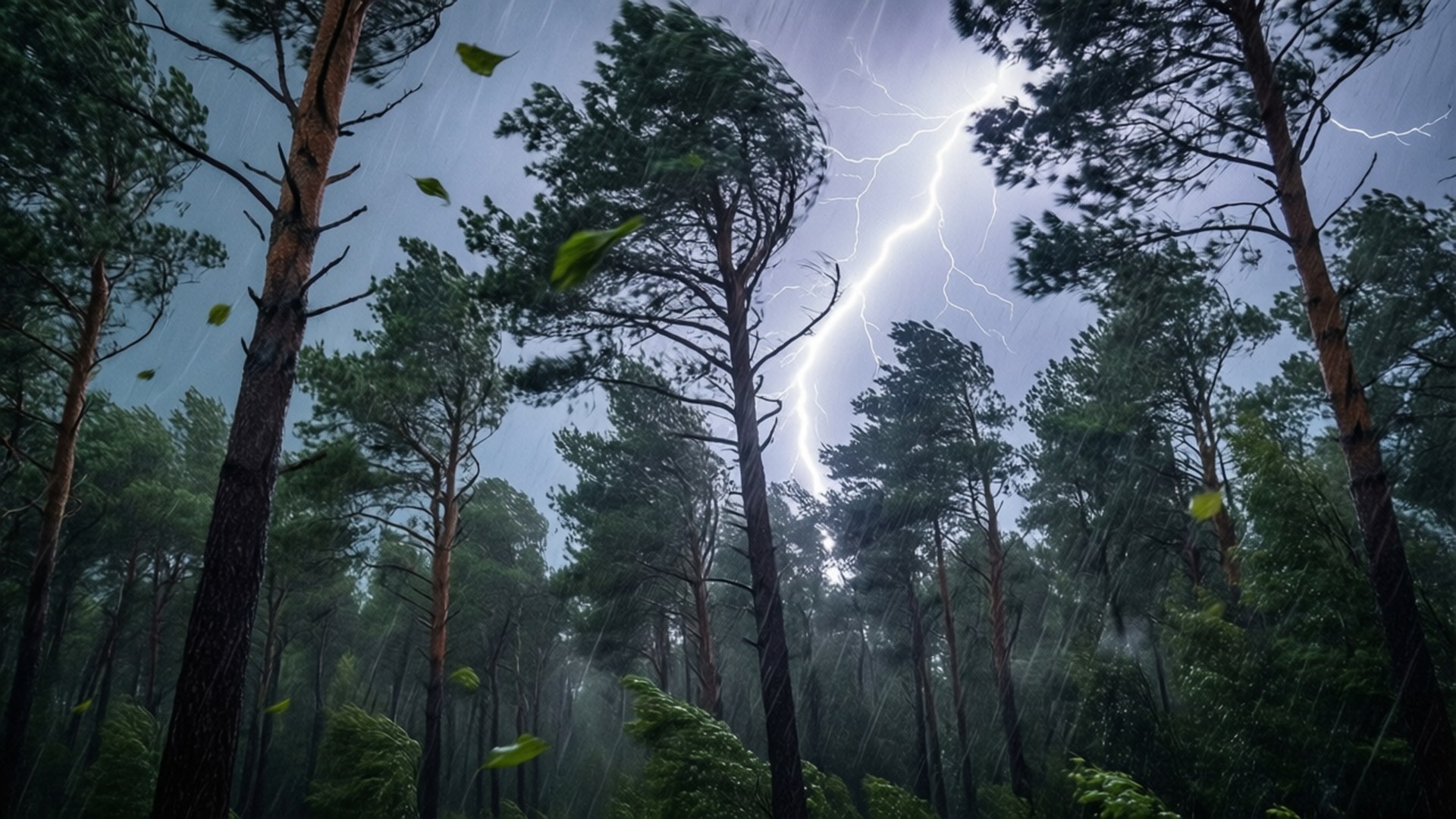 Pine Forest Storm 壁紙 — 一道閃電劃破暴風雨的天空，擊中下方茂密的松樹林，大雨傾盆。