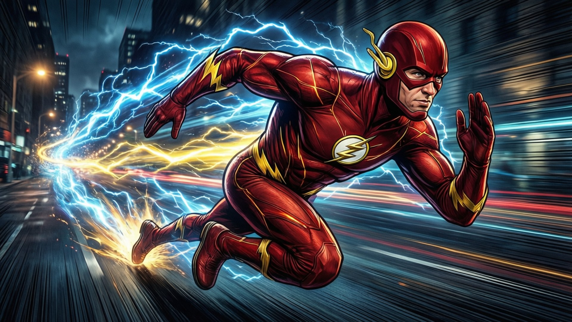 DC Animated Movie Universe 桌布 壁紙 — 閃電俠在霓虹燈照亮的城市街道上飛奔，身後留下電光藍色和黃色的閃電痕跡。