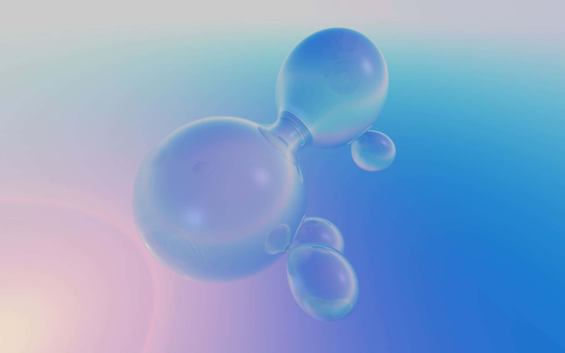  壁紙 — 閃亮半透明氣泡在柔和藍粉漸變天空中優雅飄浮。