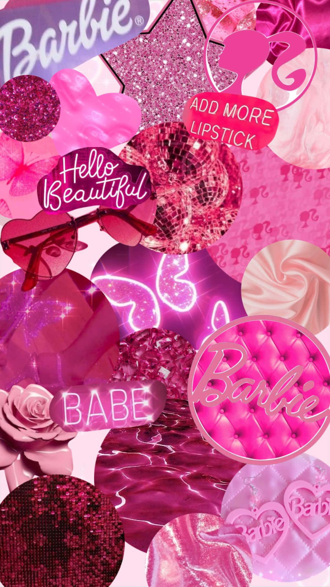 Glitter Barbie Aesthetic 桌布 壁紙 — 一個閃亮的粉紅色芭比主題拼貼畫，包含心形、太陽眼鏡、玫瑰和鮮豔粉紅色調的文字元素。