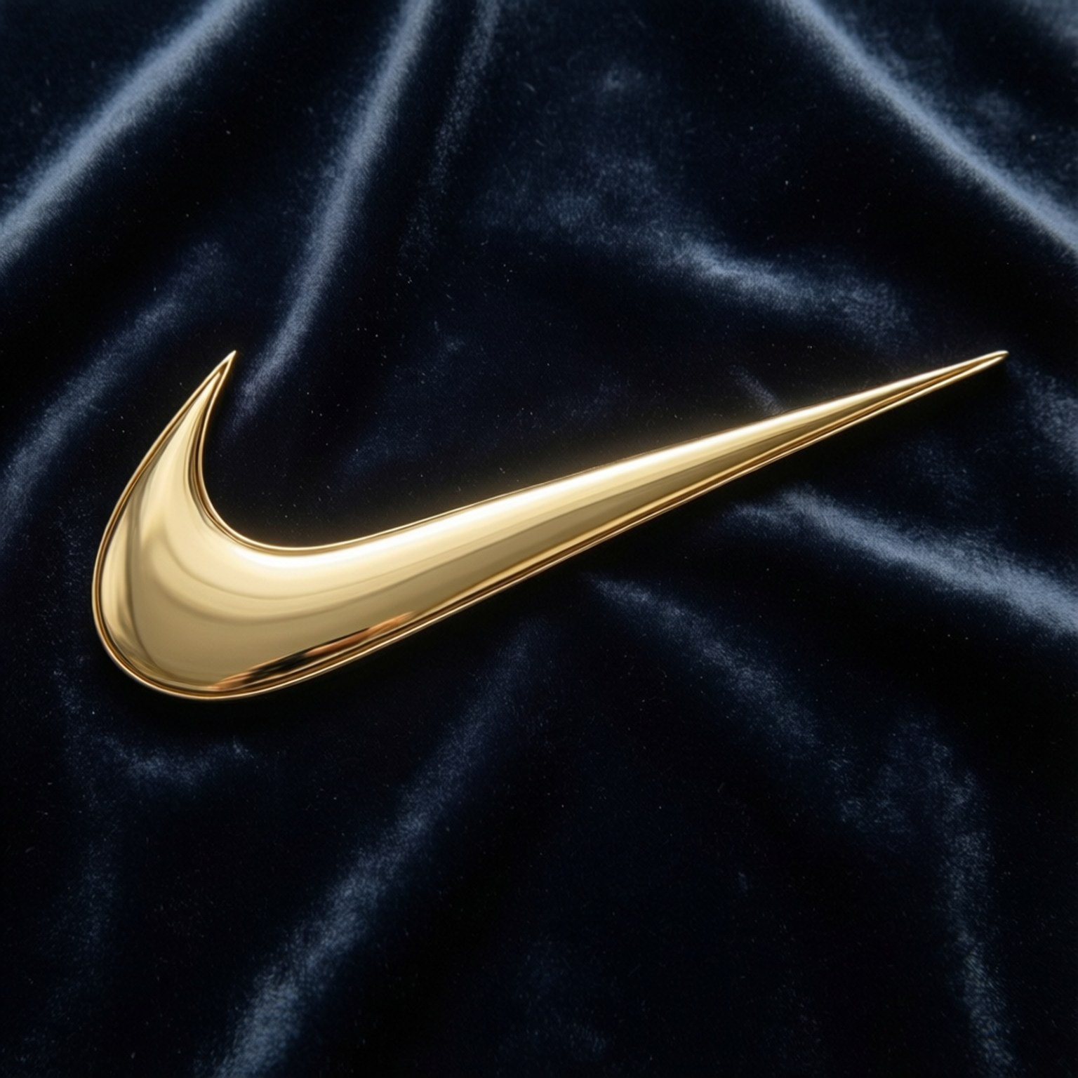 金屬金色勾勾 壁紙 — 閃亮的金色Nike Swoosh標誌放置在帶有柔和褶皺的奢華深藍色天鵝絨布料上。