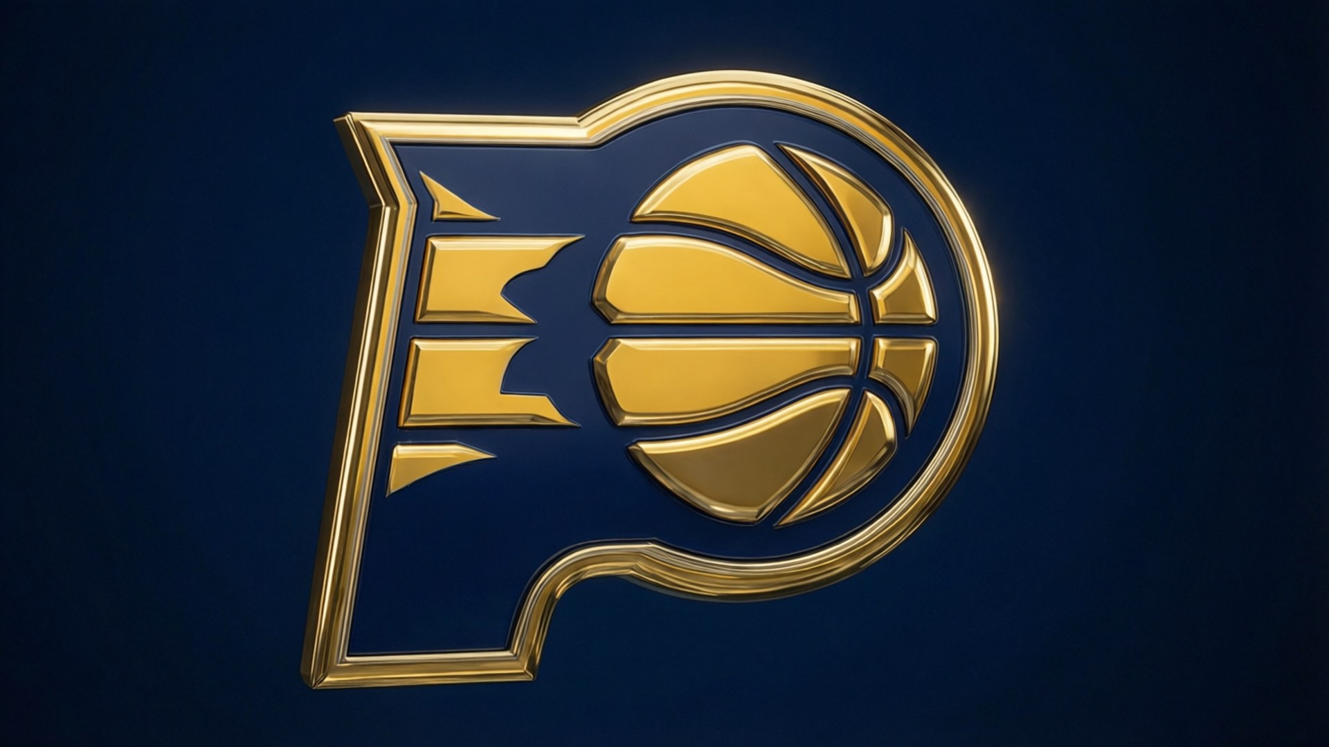 Gold Metal Logo 壁紙 — 閃亮的金色印第安納溜馬標誌，籃球嵌入風格化的P字，背景為深藍色。