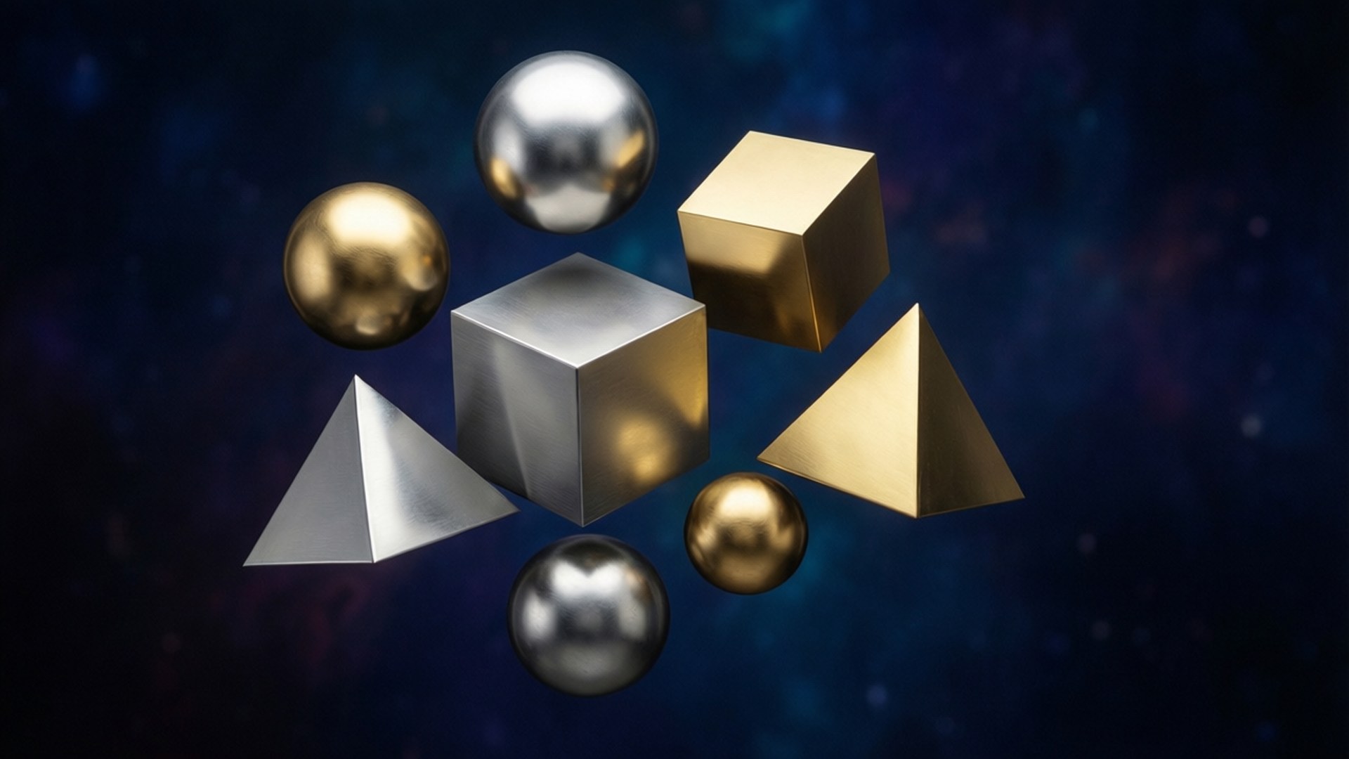 Chrome Geometry 壁紙 — 閃亮的金屬幾何形狀漂浮在深藍色和紫色色調的宇宙星空背景上。