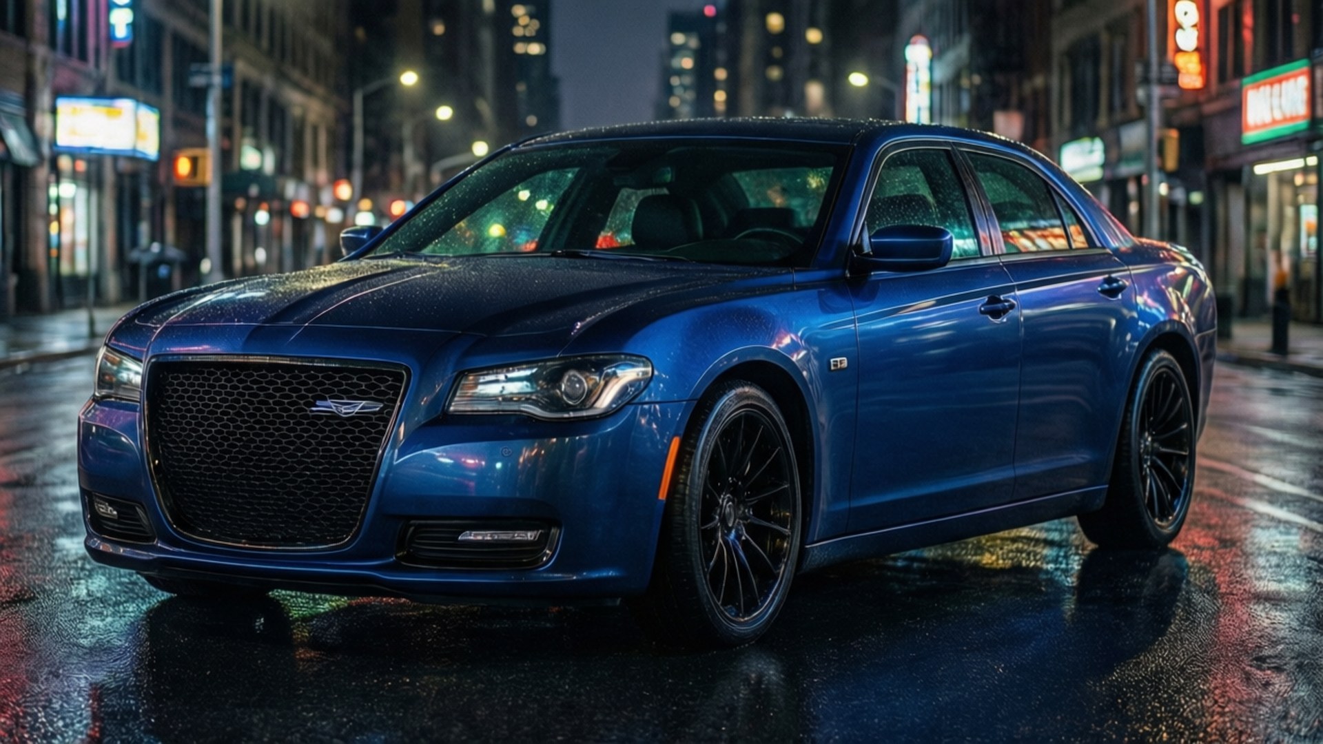 Neon Nights Chrysler 壁紙 — 一輛閃亮的藍色 Chrysler 300 轎車在潮濕的夜街上閃耀，反射著霓虹燈和街燈的城市燈光。