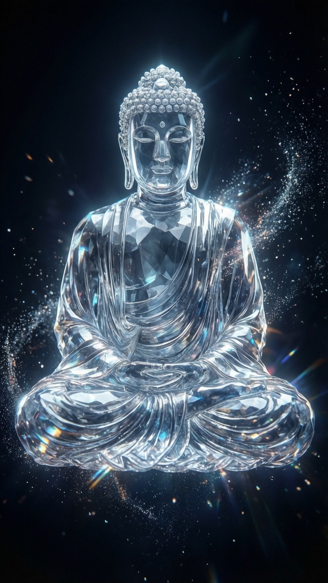 Crystal Buddha Glow 壁紙 — 一尊閃亮的水晶佛像在星空宇宙背景下散發光芒，靜坐冥想。