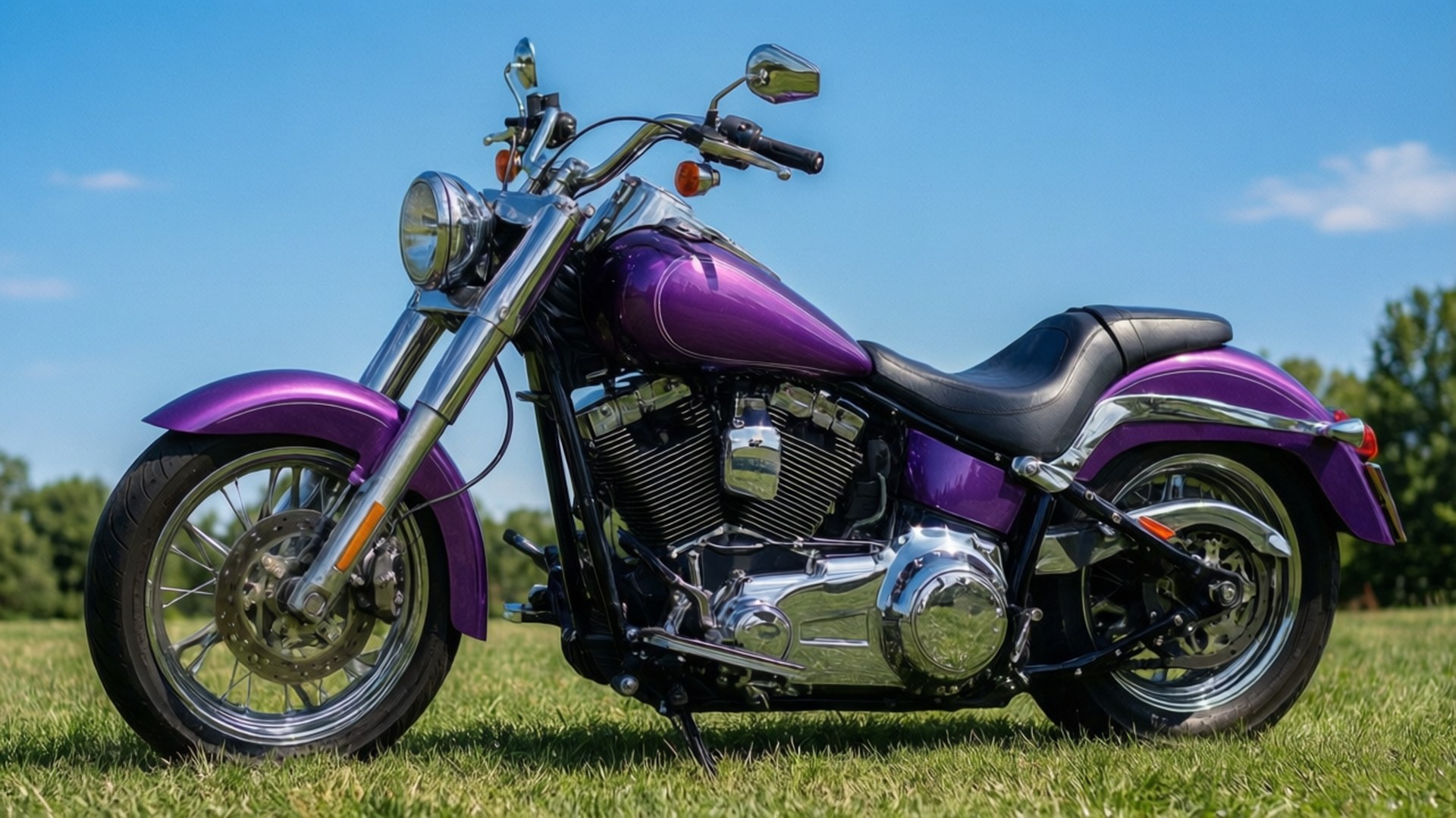 Purple Metallic Chopper 壁紙 — 一輛閃亮的紫色巡航機車帶有鍍鉻裝飾，停在晴朗藍天下的綠色草地上。