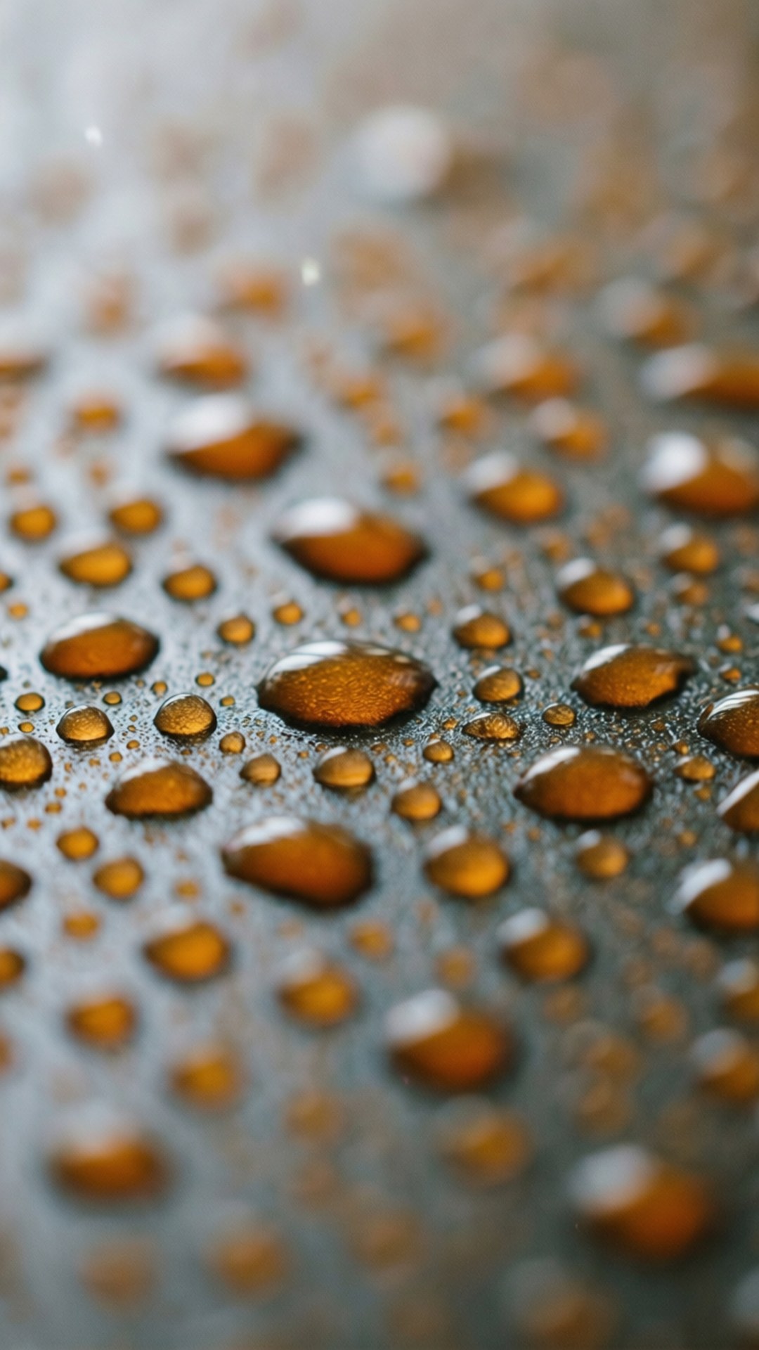 Abstract Dot 桌布 壁紙 — 閃閃發光的琥珀色水滴附著在紋理金屬表面上，淺景深微距拍攝。
