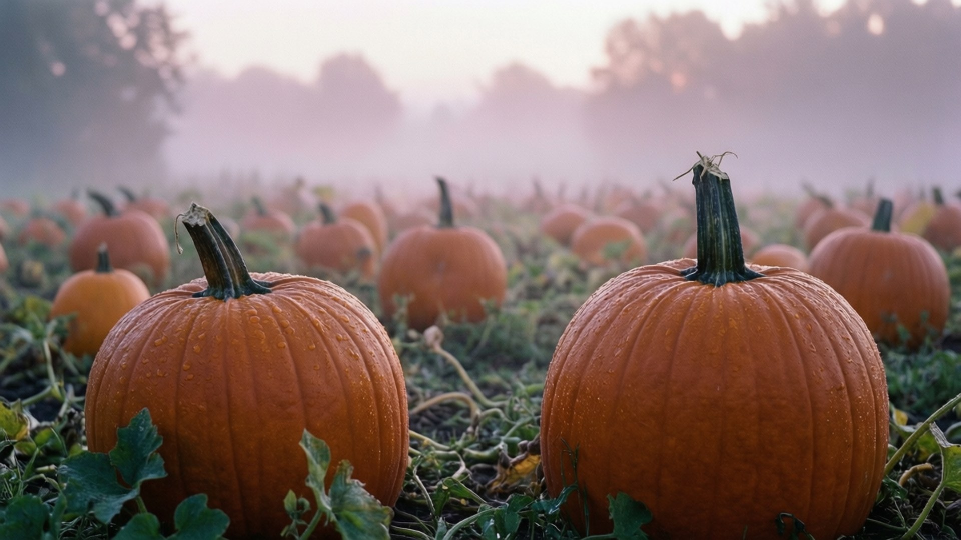 Pumpkin Patch 桌布 壁紙 — 閃閃發光的南瓜在黎明時分躺在霧氣瀰漫的田野中，帶有柔和的紫色和橙色色調。