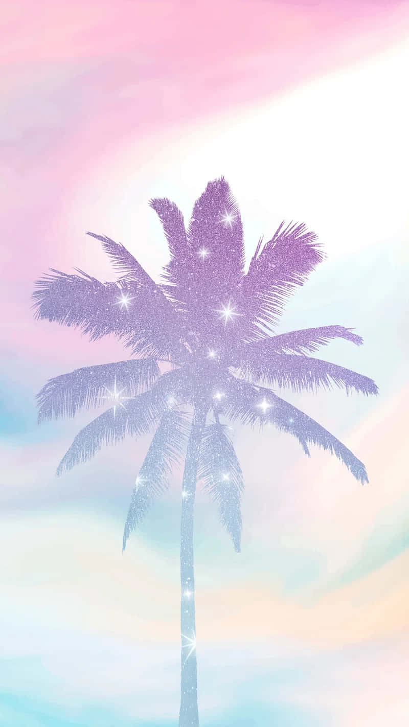  壁紙 — 一棵閃閃發光的紫色棕櫚樹高高聳立在點綴著閃爍星星的粉彩粉紅和藍色天空下。