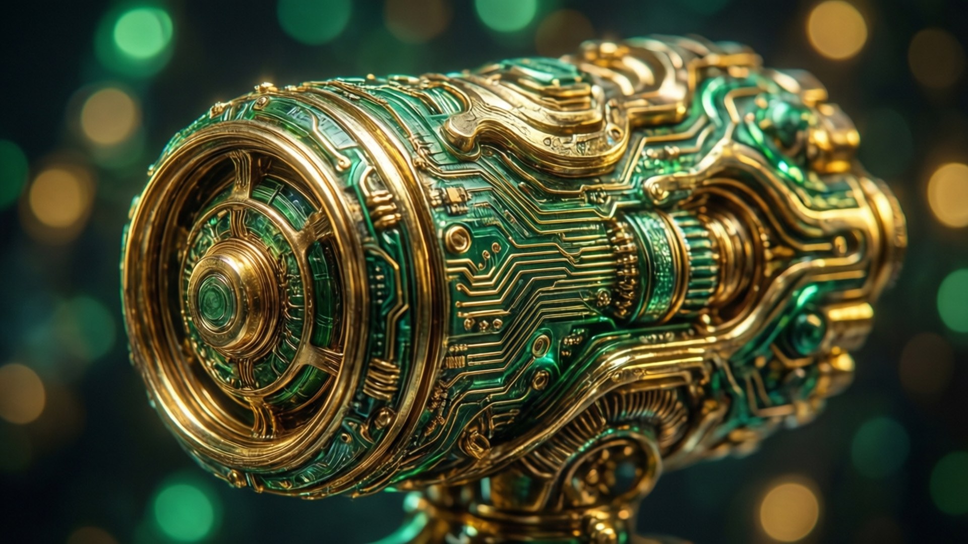 Gold Green Abstraction 壁紙 — 閃爍的金色和翡翠色電路板雕塑，帶有複雜的圖案和背景中發光的散景燈光。
