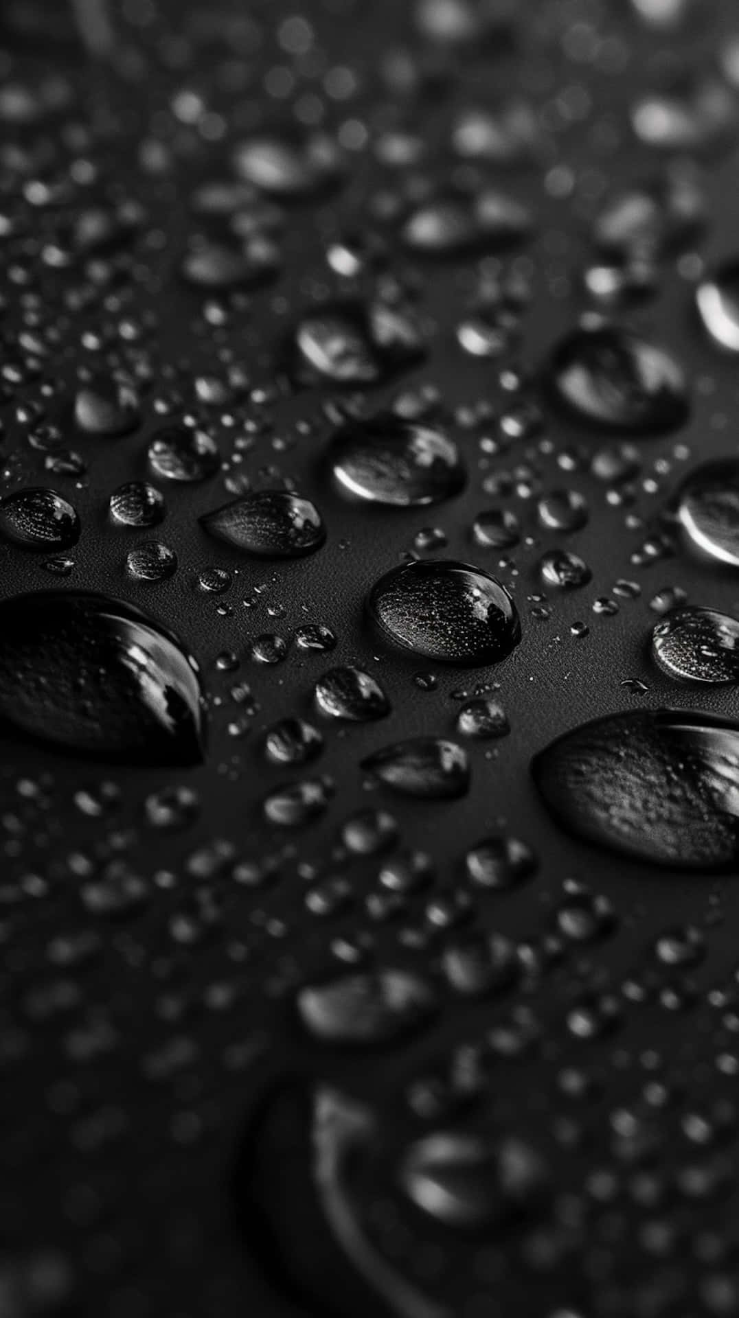  壁紙 — 閃爍的水滴停留在磨砂黑色表面上，營造出極簡的單色微距場景。