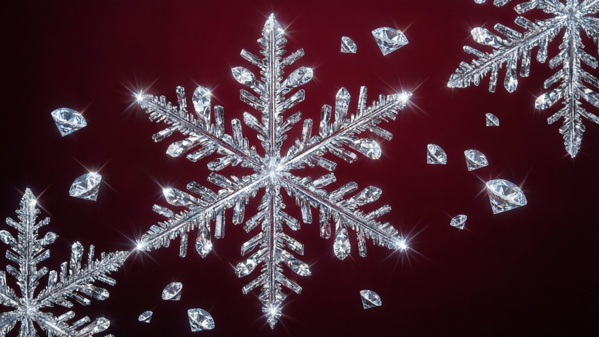 Crystal Snowflakes on Ruby 壁紙 — 閃爍的水晶雪花和鑽石在深紅色天鵝絨背景上閃耀。